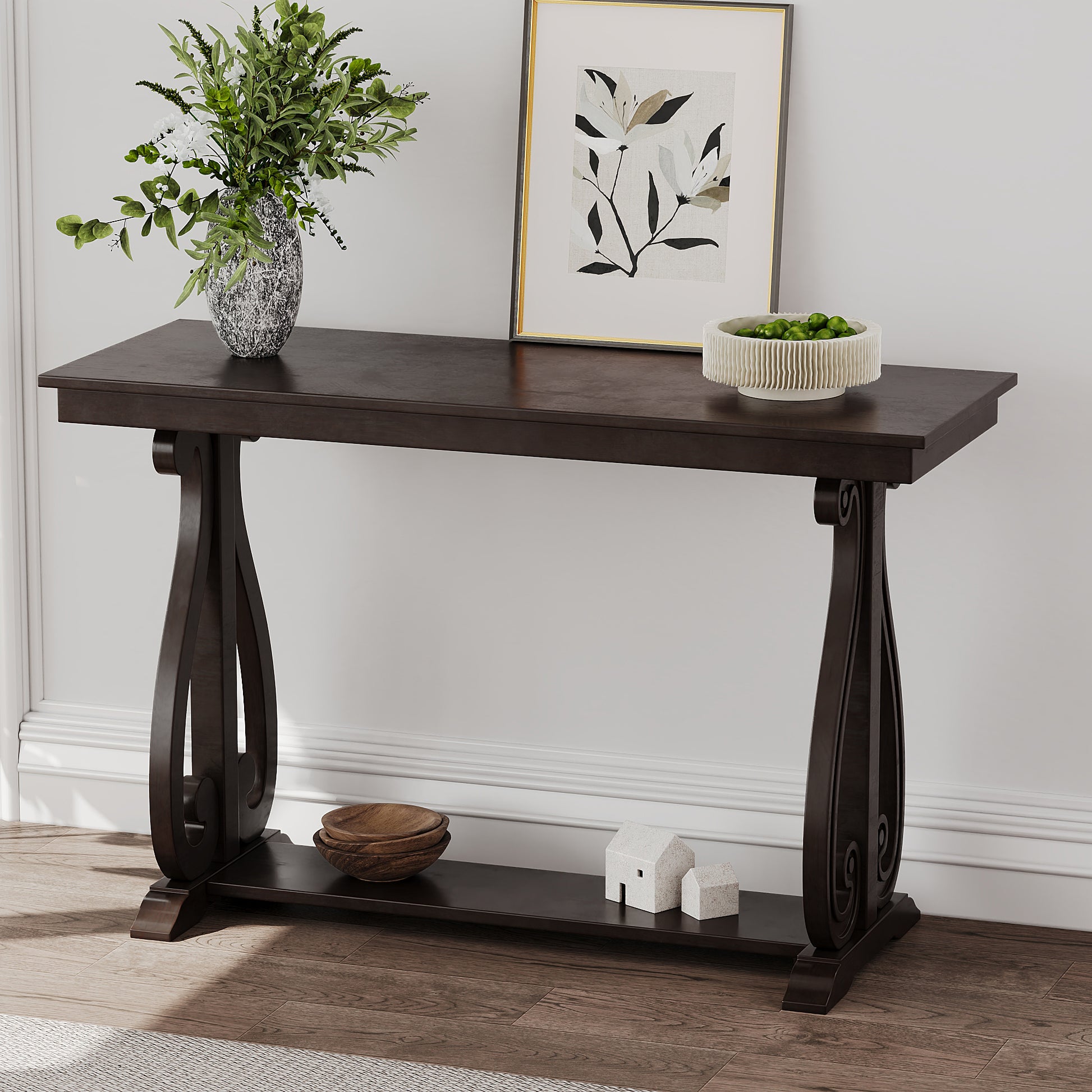 48 Inch Rustic Vintage Console Tablefarmhouse Style Entryway Table With Open Shelf And Sturdy Construction For Entryway And Living Room Espresso Espresso Distressed Finish Primary Living Space Antique,Rustic,Vintage Open Storage Console Tables Brushed