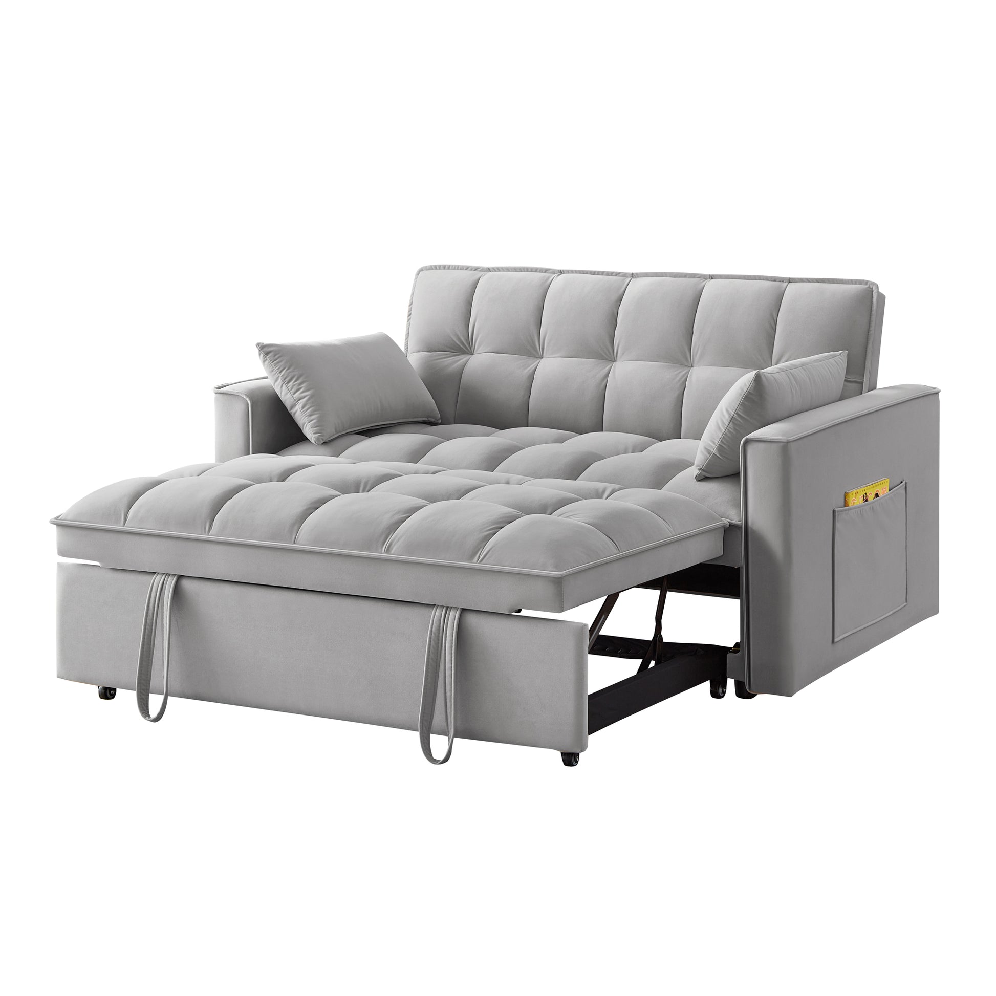 4 In1 Loveseat Sofa Bed With Armrests & Storage Pockets, Multi Function Tufted Pull Out Sofa Bed With Adjustable Backrest And Pillows, Convertible Loveseat Sofa Couch, Gray Gray Velvet Primary Living Space Medium Soft Tufted Back American