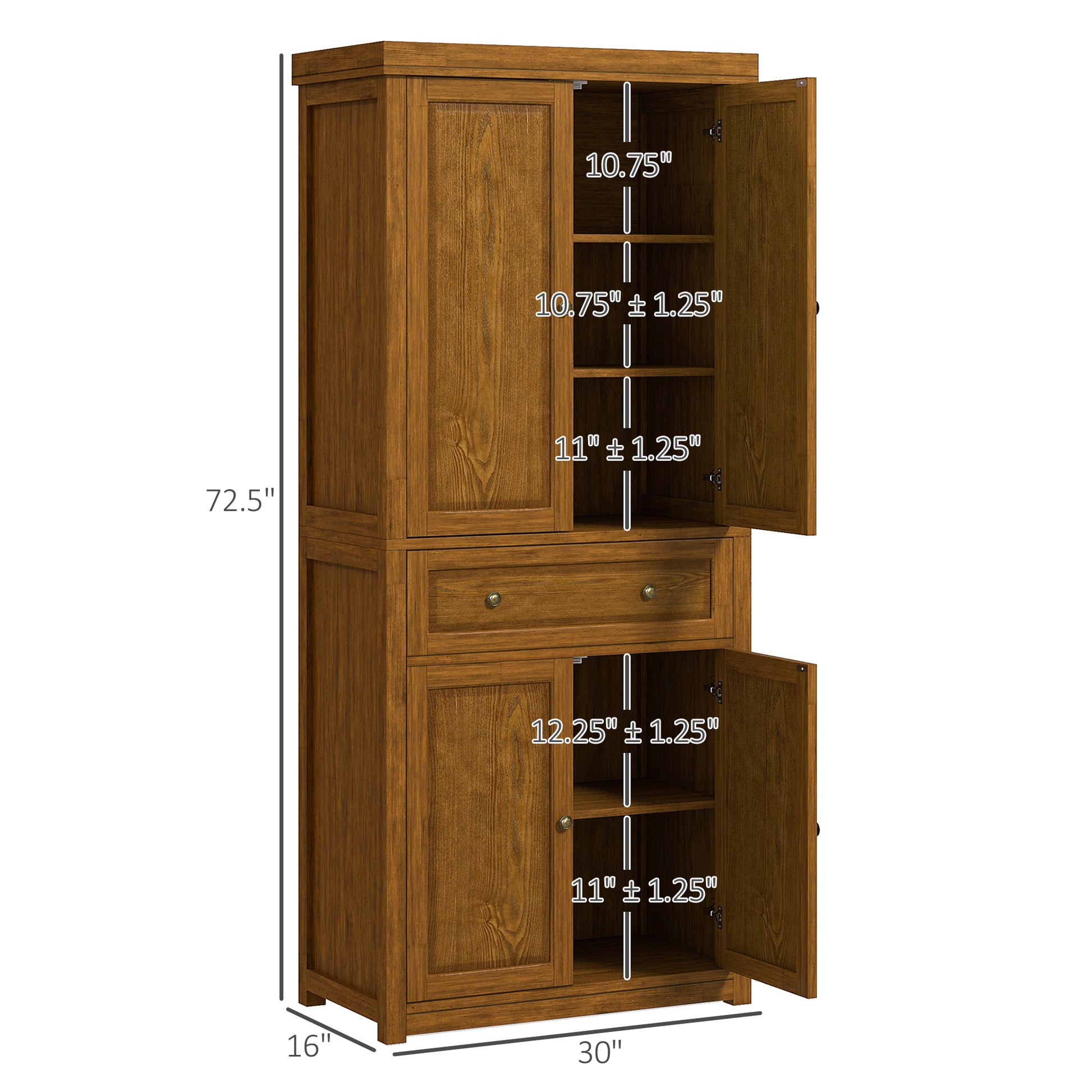 Homcom 72.5" Tall Farmhouse Kitchen Pantry Storage Cabinet, Freestanding Kitchen Cabinet With 4 Doors, Drawer And Adjustable Shelves For Dining Room, Distressed Brown Brown Mdf