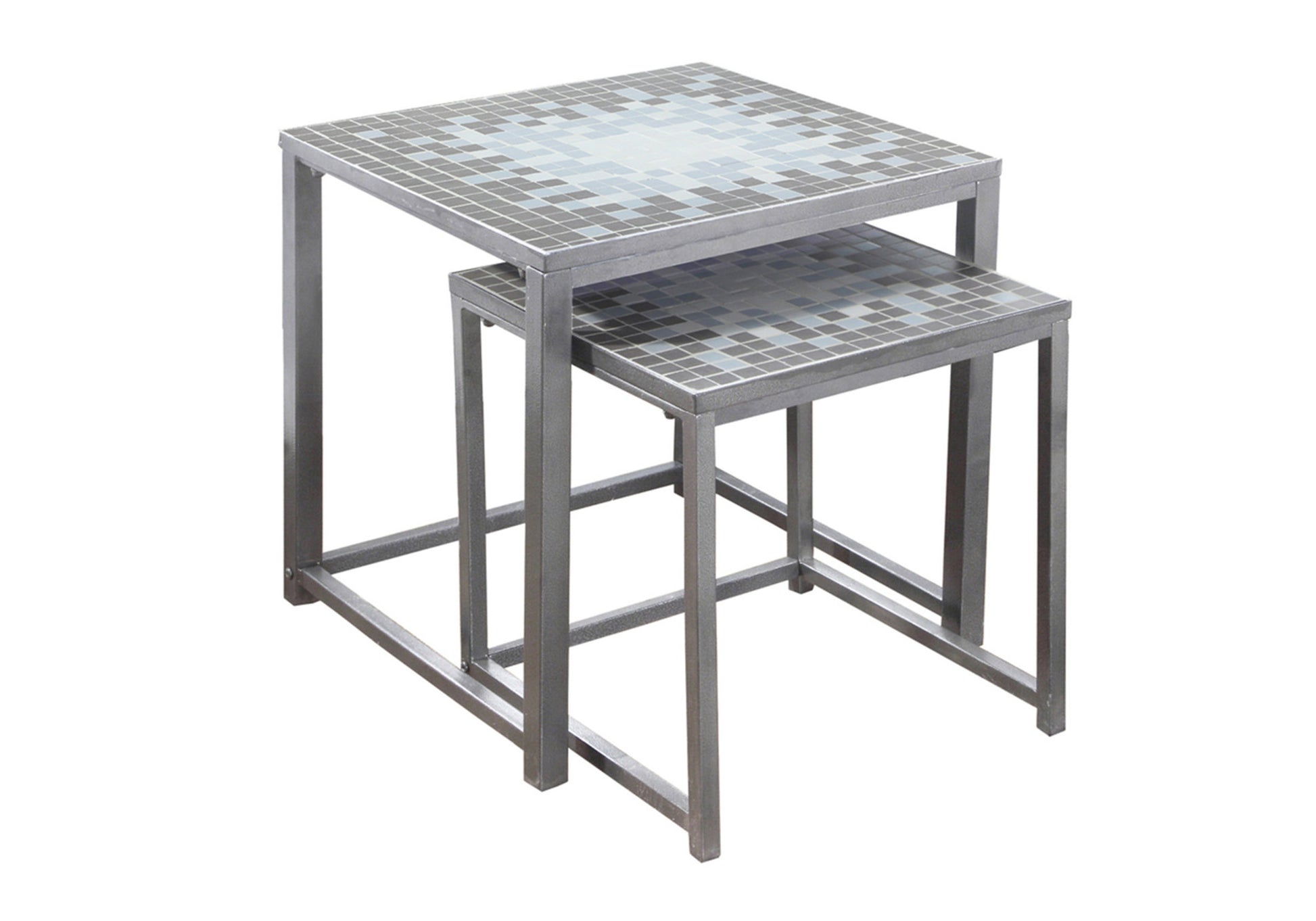 Nesting Table, Set Of 2, Side, End, Metal, Accent, Living Room, Bedroom, Blue Tile, Grey Metal, Transitional Grey Metal