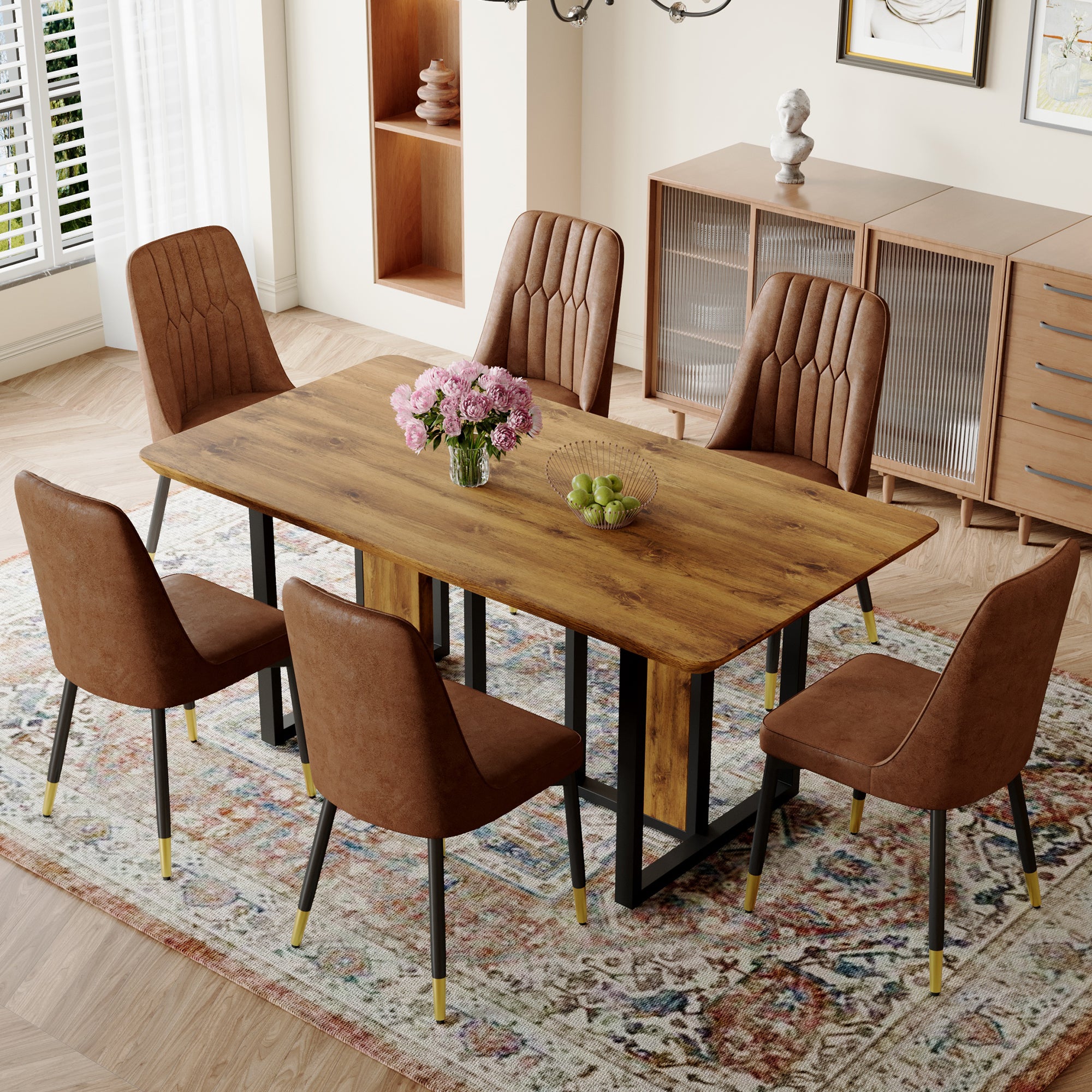 Table And Chair Set.67"X36" Wood Textured Mdf Dining Table Set With 6 Brown Suede Chairs.Mdf Sticker,Wood Colored Texture Sticker,Brown Armless Dining Chair,Suitable For Kitchen,Dining Room,Etc.