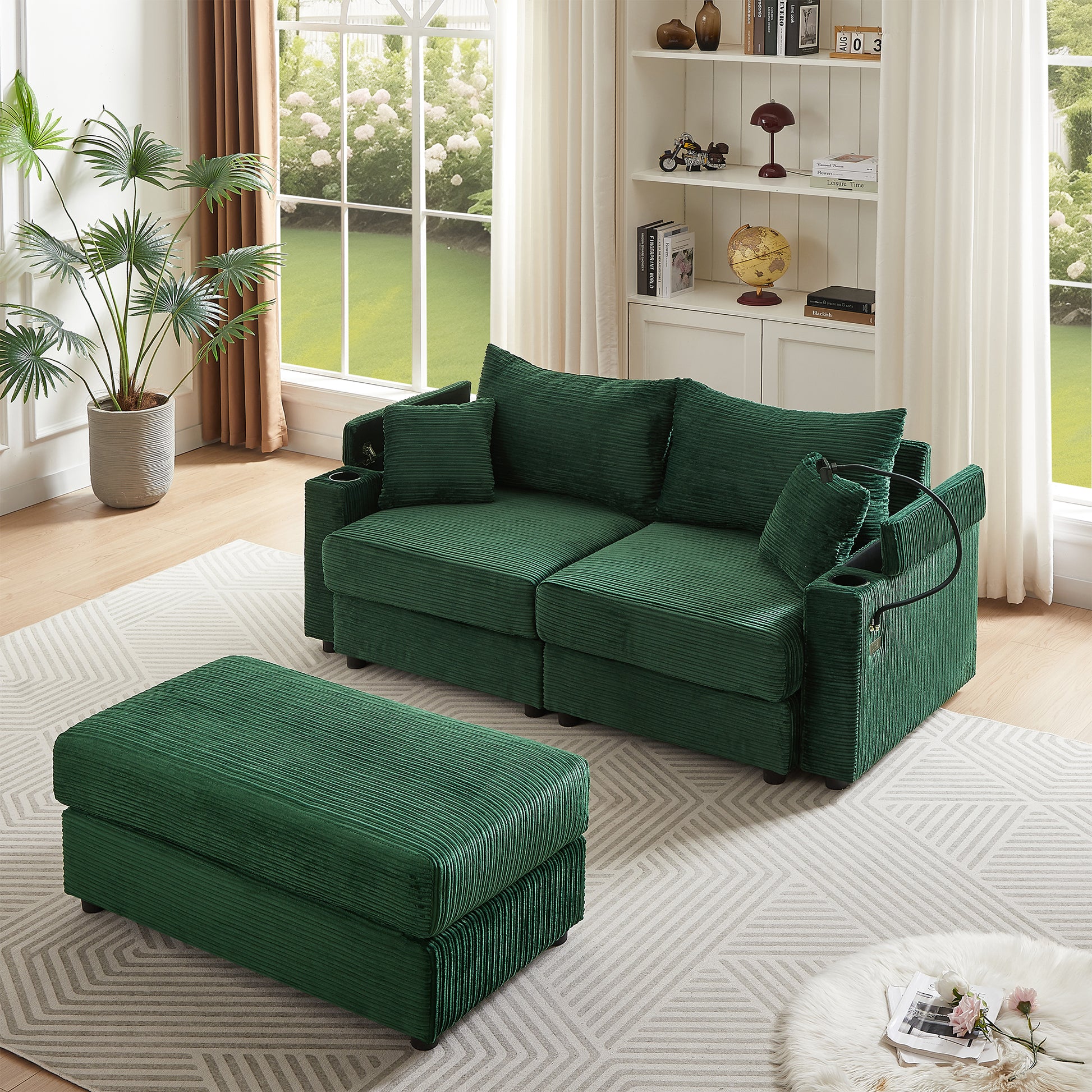 72.8" Modern Style Loveseat Sofa Sectional Sofa Couch With Storage Space, A Movable Ottoman, Two Usb Ports, Two Cup Holders, A Phone Holder For Living Room, Green Green Foam Corduroy 3 Seat