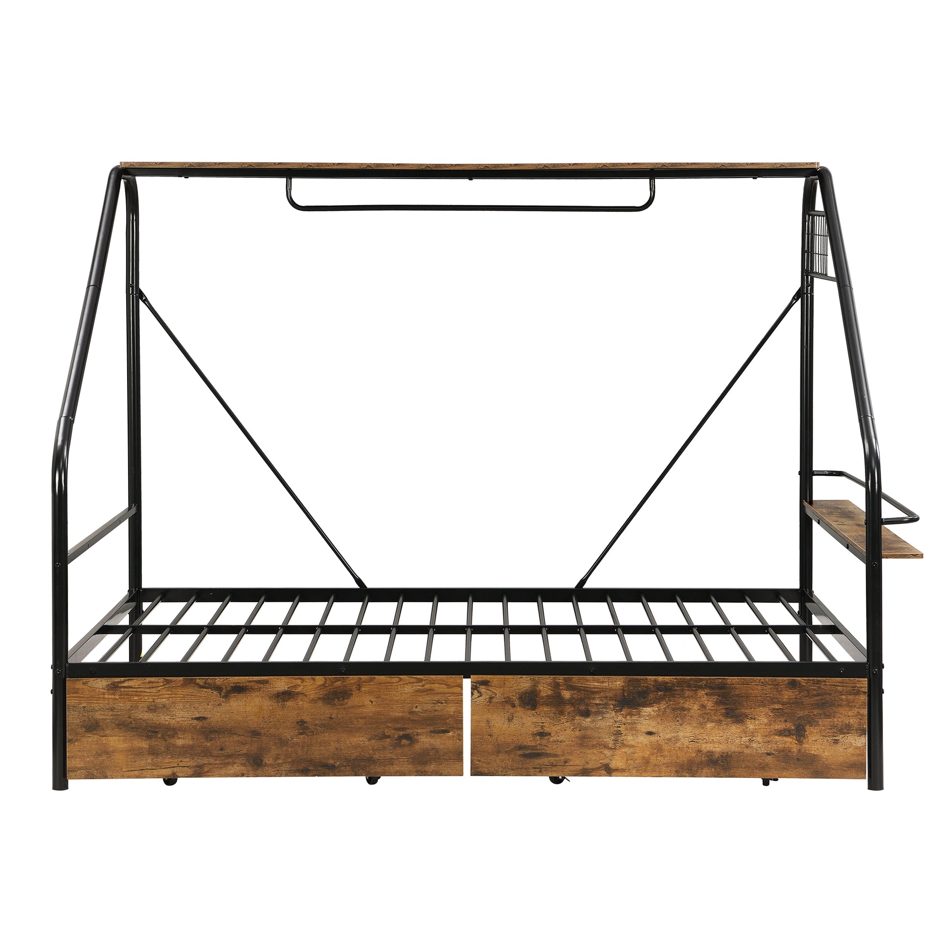 Full Size Metal Frame Platform Bed With Clothes Rack, Storage Shelves And 2 Drawers, Black Box Spring Not Required Full Black Metal Mdf Metal