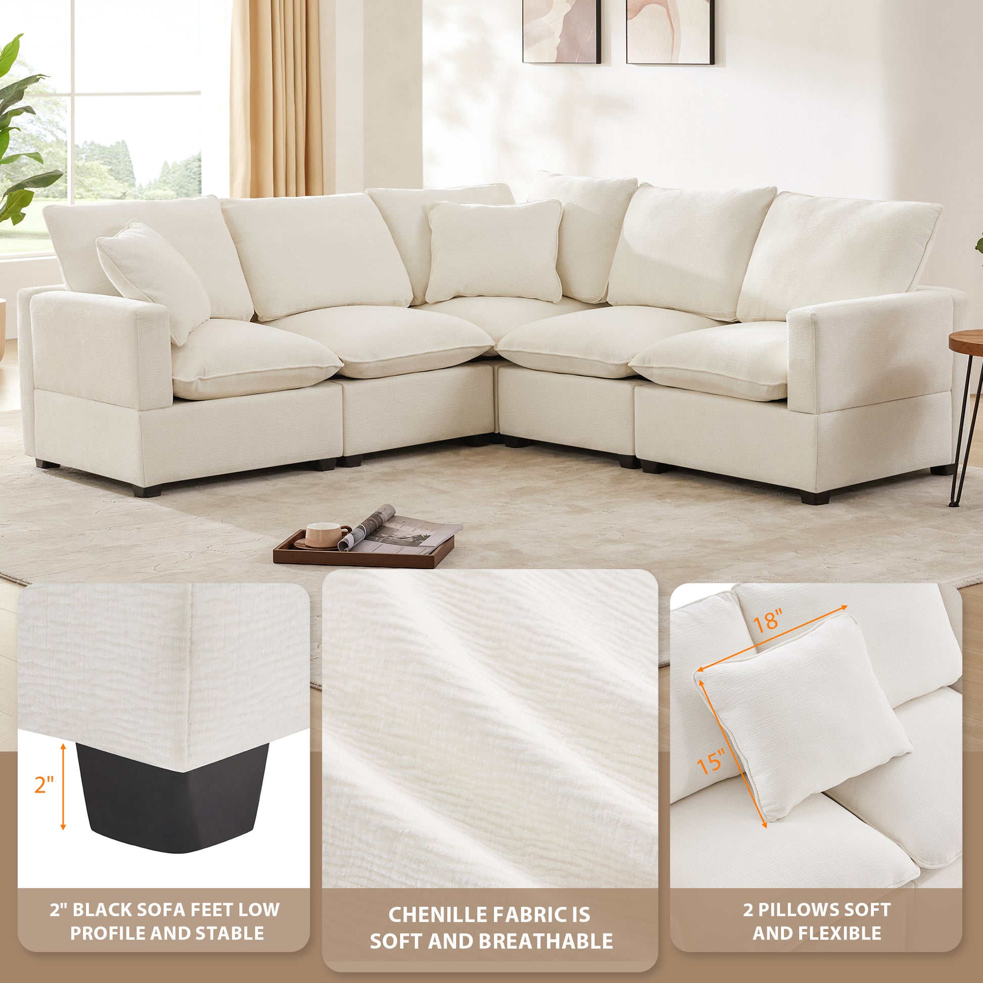 84*84" Modern L Shape Modular Sofa, 5 Seat Chenille Sectional Couch Set With 2 Pillows Included, Freely Combinable Indoor Funiture For Living Room, Apartment, Office, 2 Colors White Chenille 5 Seat