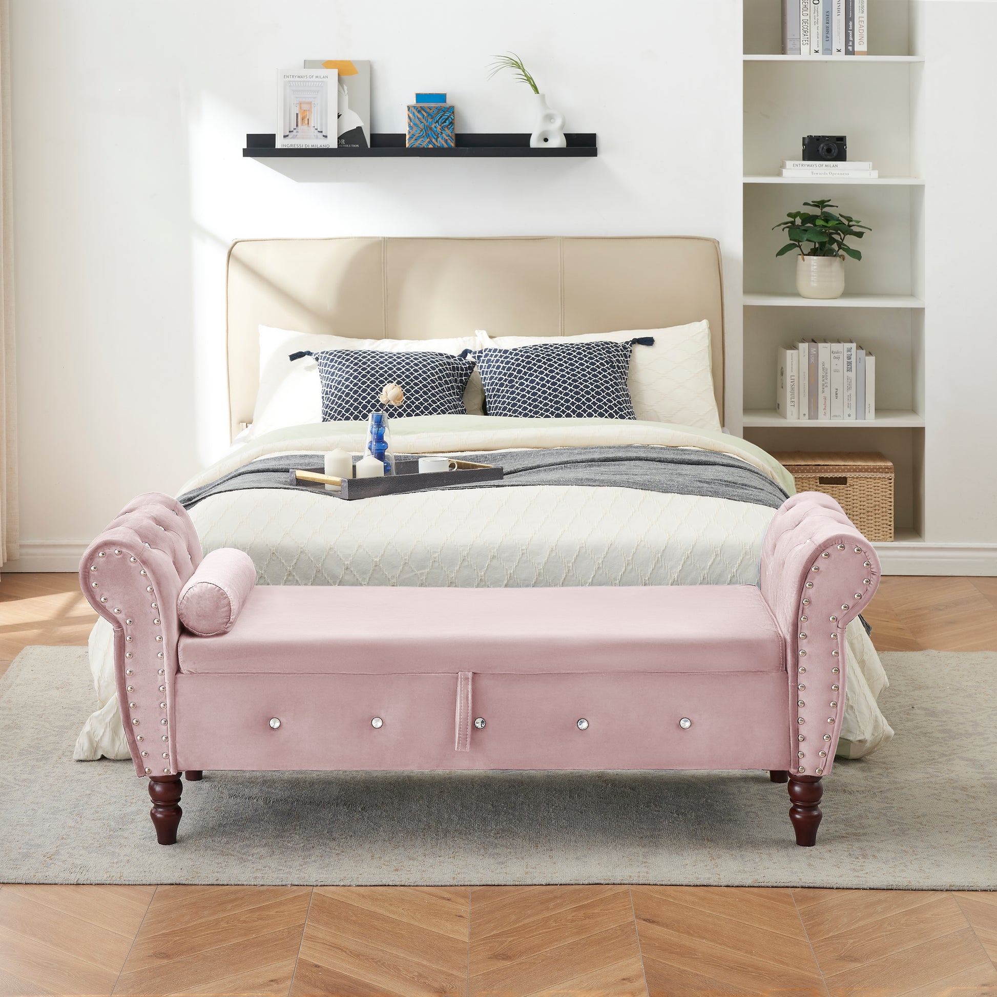 63.38"Velvet Multifunctional Storage Rectangular Ottoman Bench Comes With Crystal Buckle Solid Wood Legs With 1 Pillow,Pink Pink Velvet