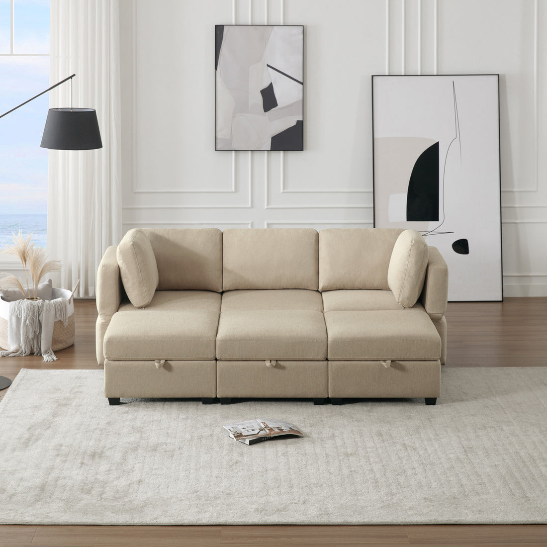Modular Sectional Sofa Couch Bed With Storage 6 Seater, Sleeper Sofa Bed Couch With Reversible Chaise Ottomans, Adjustable Arms And Backs Beige Beige Polyester 3 Seat