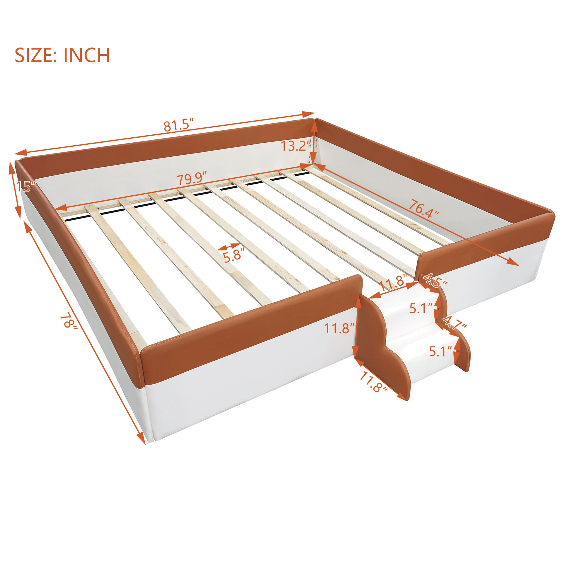 King Size Upholstered Daybed Frame With Fence And Stairs, Brown White King Brown White Mdf Lvl