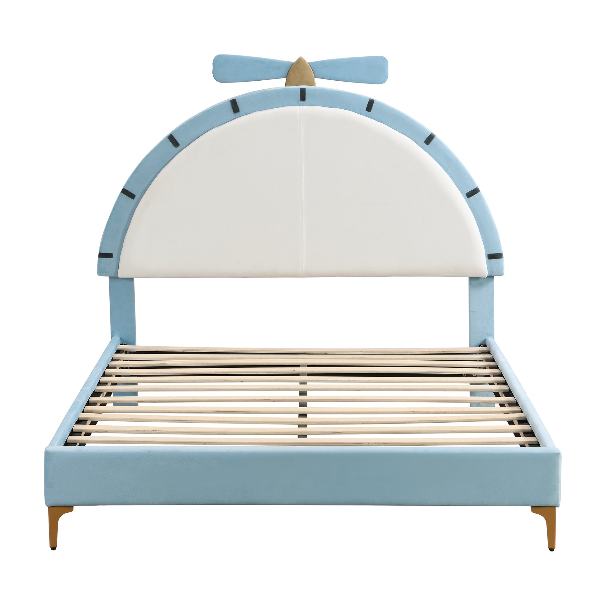 Full Size Upholstered Platform Bed With Alarm Clock Shaped Headboard, Blue Box Spring Not Required Full Blue Wood Bedroom Bed Frame Velvet Upholstered