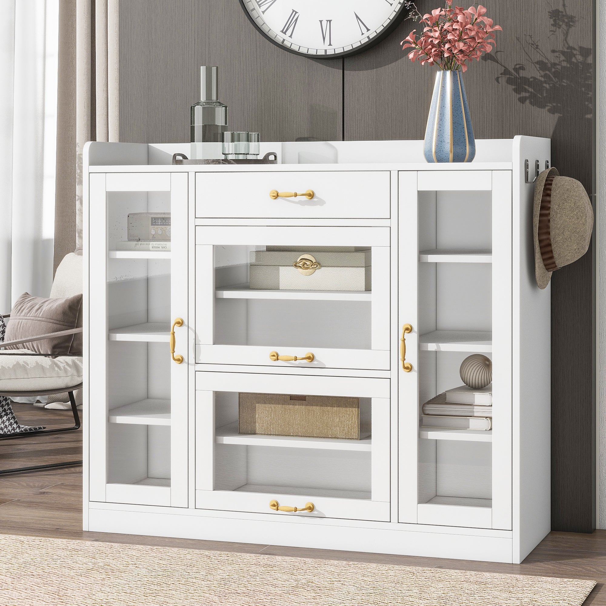 Modernist Side Cabinet With 4 Glass Doors & 3 Hooks, Freestanding Shoe Rack With Multiple Adjustable Shelves, Versatile Display Cabinet With Gold Handles For Hallway, Living Room, White 5 Or More Spaces White Primary Living Space Adjustable Shelves