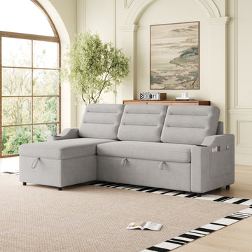 Mh83.5" Convertible Sleeper Combo Sofa, Convertible Sofa Bed Polyester Pullout Bed With Storage Recliner And Cup Holder For Living Room, Tight Spaces Light Grey Polyester Primary Living Space Pine Foam Fabric 3 Seat