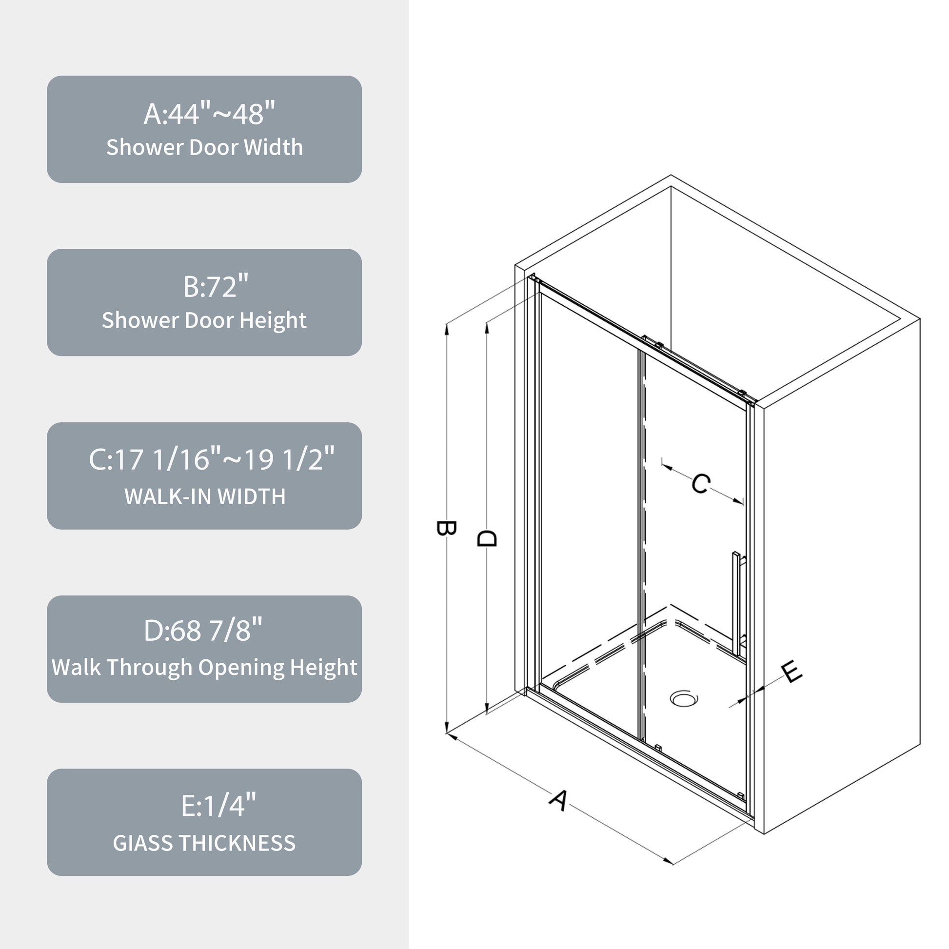 44" 48"W X 72"H Sliding Shower Door, Sliding Door, With 1 4" Tempered Glass And Polished Chrome Finish 4872 Chrome Bathroom Aluminium Alloy