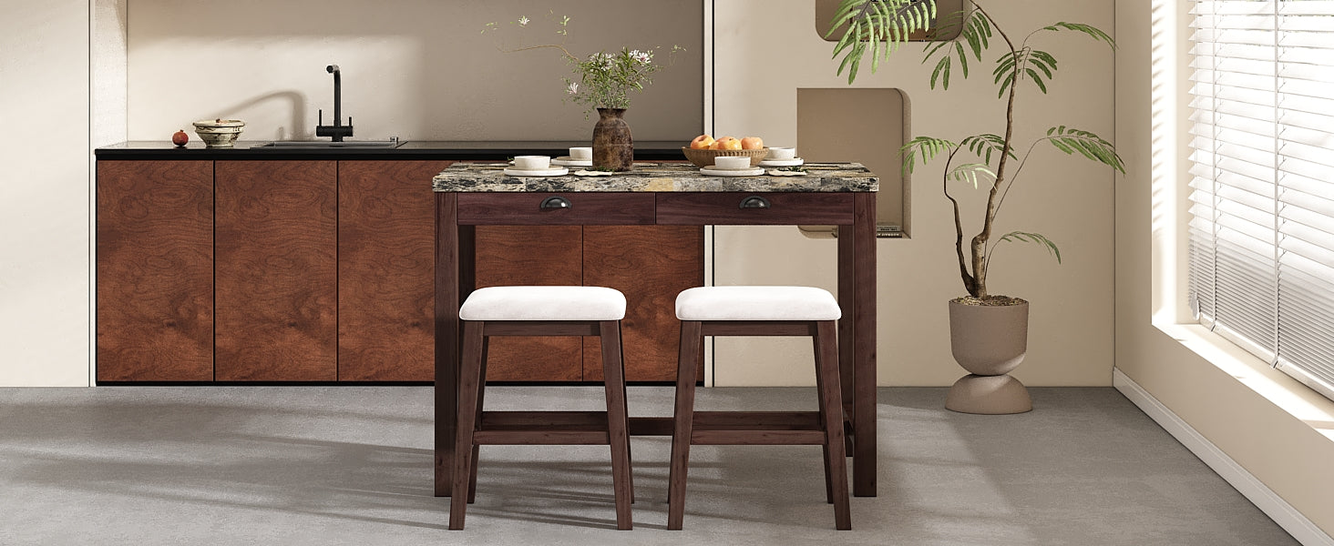 5 Piece Modern Faux Marble Versatile Bar Table Set With Storage Drawers And Padded Stools, Ideal For Space Saving Dining Nooks Or Small Kitchens Walnut Walnut Solid Wood Mdf