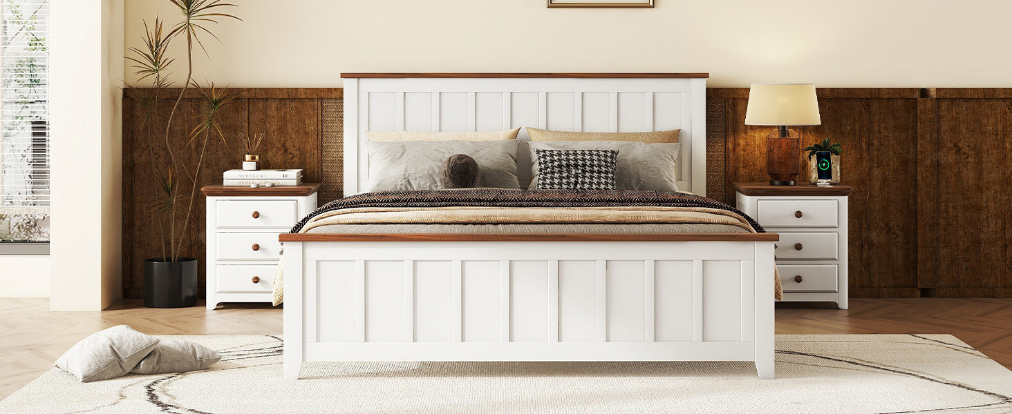 Queen Size Wood Platform Bed Wooden Slat Support, Vintage Simple Bed Frame With Rectangular Headboard And Footboard, White Box Spring Not Required Queen White Wood