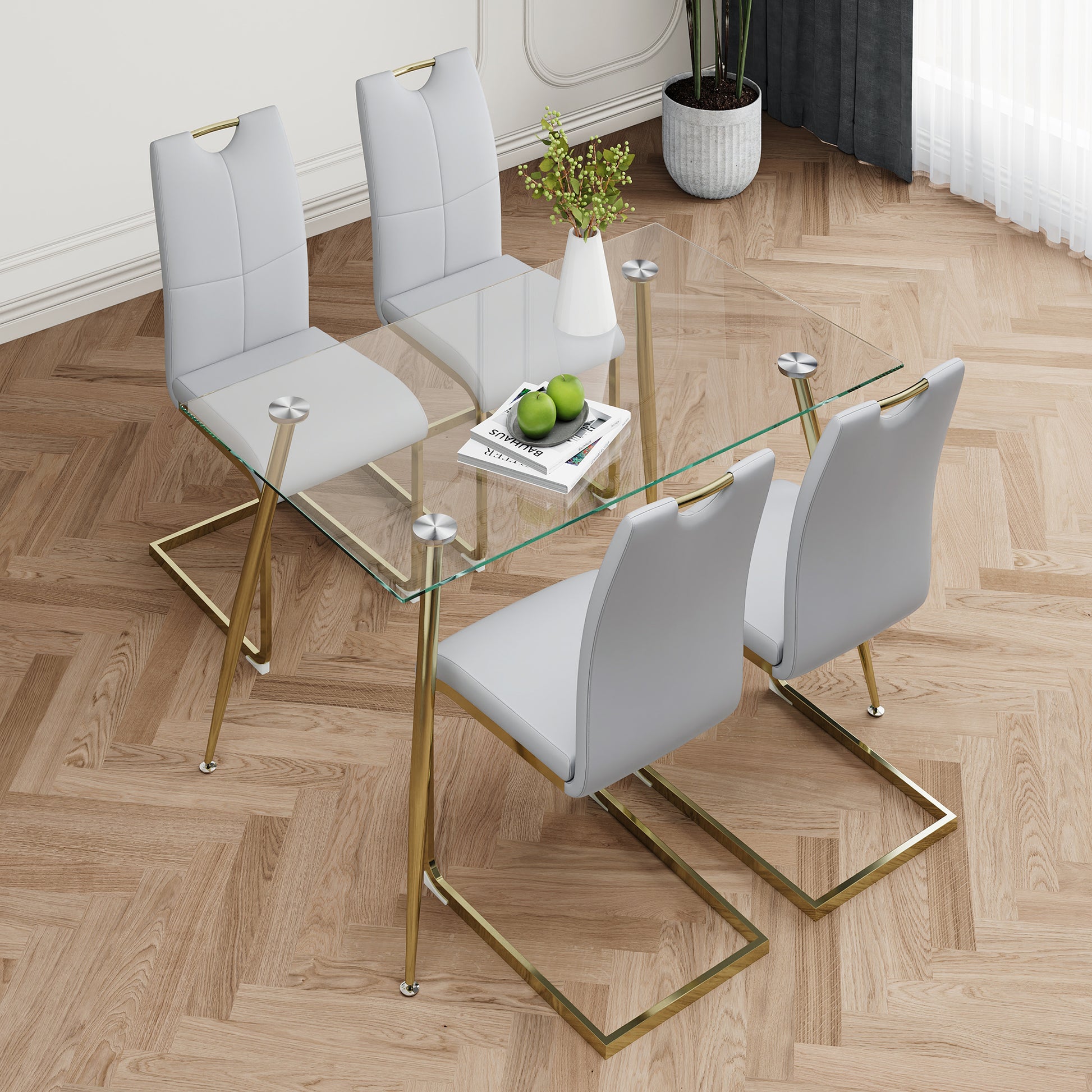 Modern Simple Rectangular Glass Dining Table, Wear Resistant Tempered Glass Countertop, Gold Plated Legs, Grey Pu Dining Chair Set, Suitable For Restaurant Kitchen Use Set Of 5 Upholstered Chair