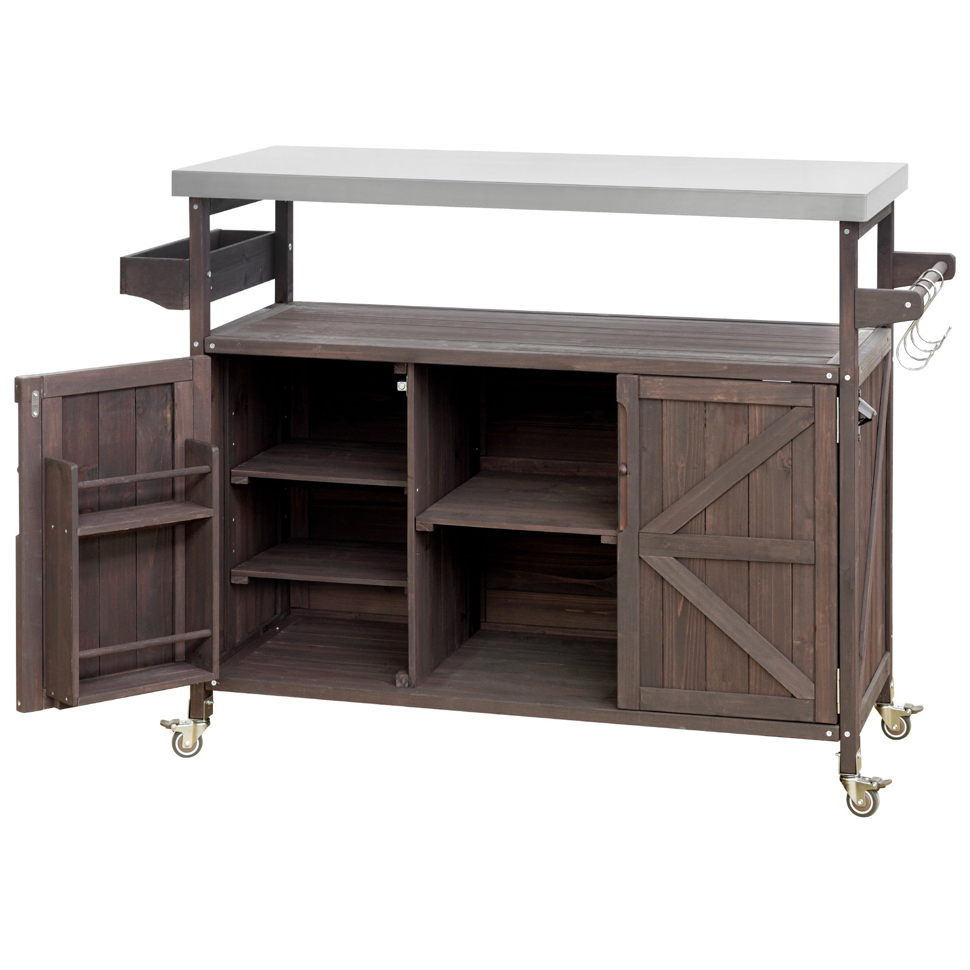 K&K Outdoor Kitchen Island, Rolling Bar Cart & Storage Cabinet, Farmhouse Solid Wood Outdoor Grill Table With Stainless Steel Top, Spice Racktowel Rack For Kitchen & Barbecuedark Brown Dark Brown Garden & Outdoor Classic,Farmhouse,French