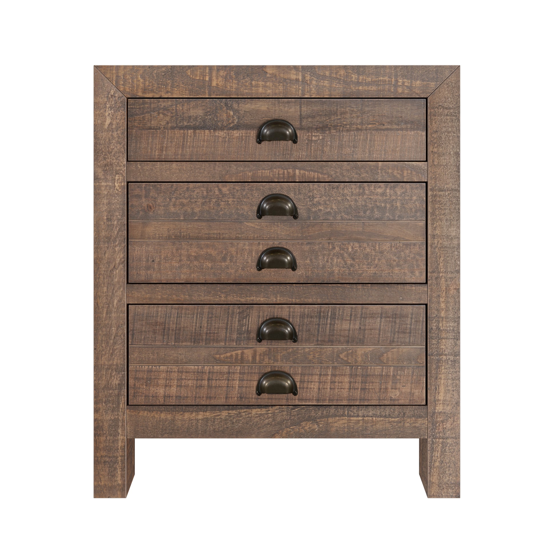 Rustic Farmhouse Style Three Drawer Solid Pine Wood Nightstand With Cup Pulls And Integrated Charge Station Brown 3 Drawers Bedroom Pine Pine,Plywood