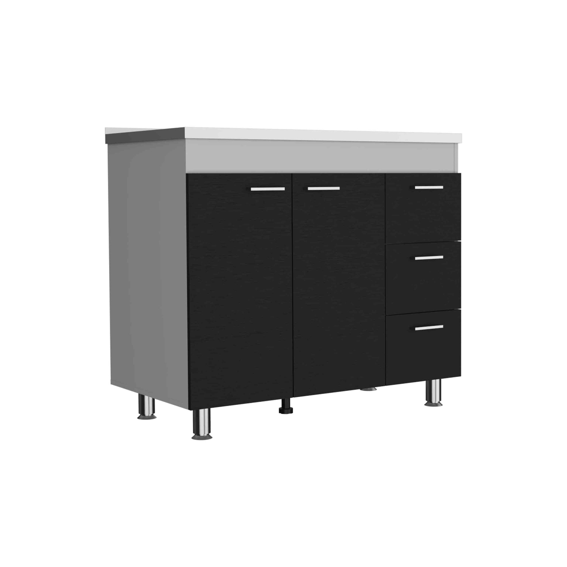 Base Double Door Cabinet, Three Drawers, White Black Multicolor Solid Wood Mdf Engineered Wood