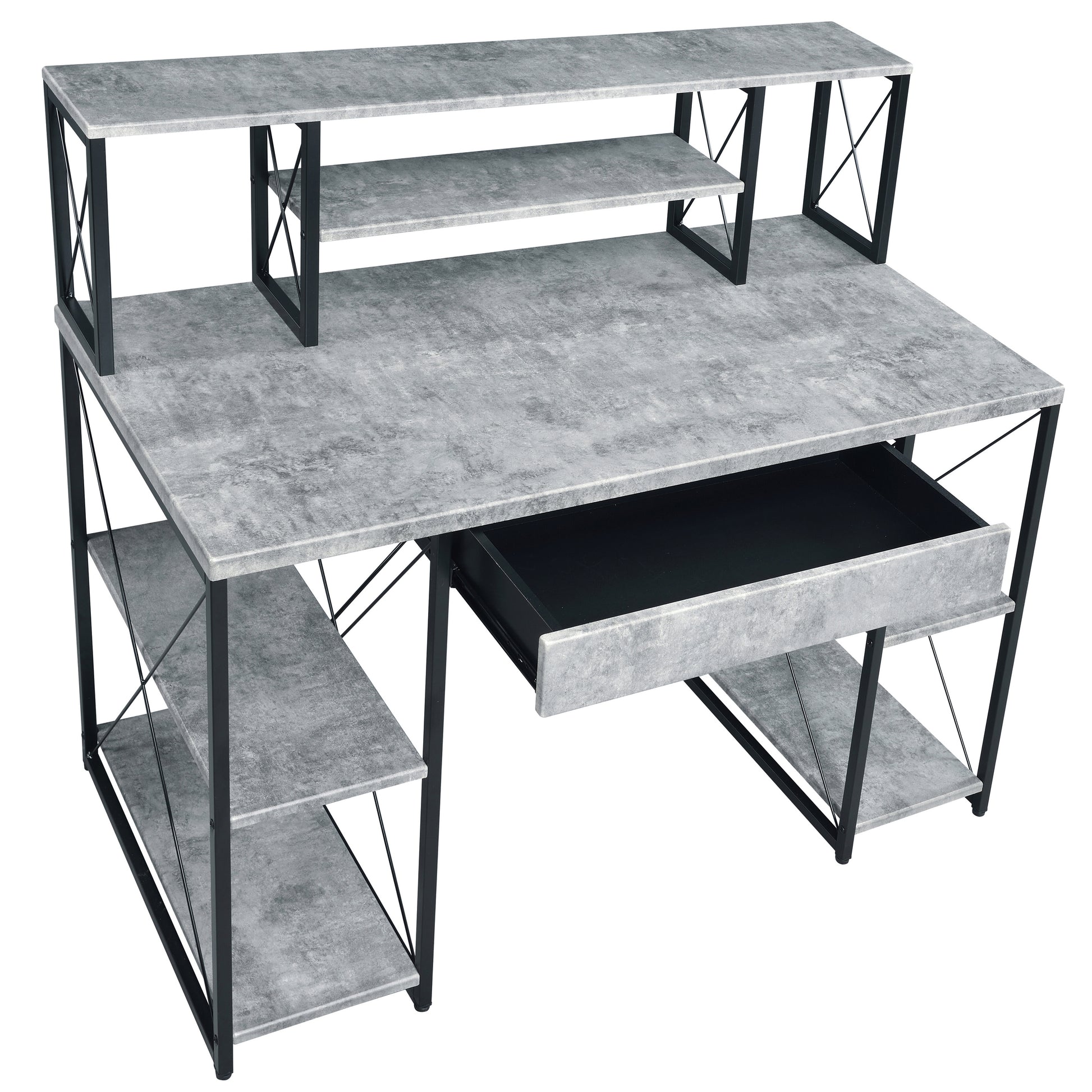 Grey And Black Office Desk With Open Shelves And Hutch Black Grey Writting Desk Office Rectangular Shelves Desk Wood Metal Sled