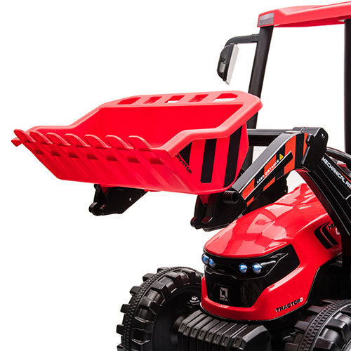 Pedal Tractors With Working Loader And Backhoe Digger, Kids' Ride On Car Toys 24V Battery Powered Electric Vehicles With Trailer, Digger For Toddlers Red Red Plastic