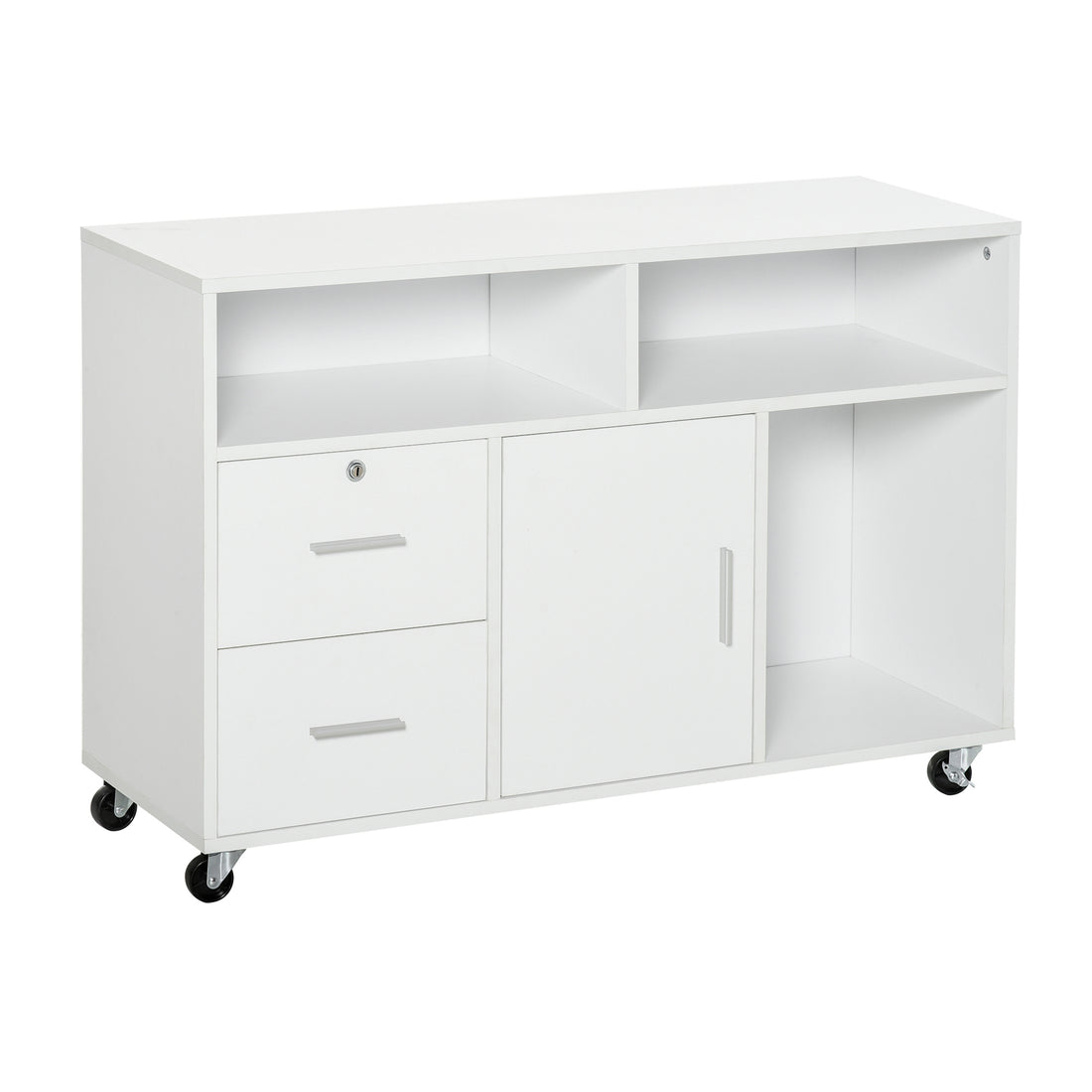 Homcom Printer Stand Home Office Mobile Cabinet Organizer Desktop With Caster Wheels, 2 Locking Breaks And Drawer, White White Particle Board