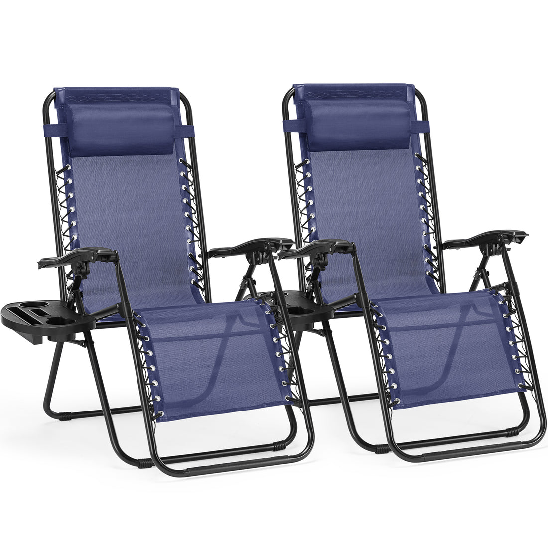 Set Of 2 Zero Cravity Lounge Chairs,Outdoor Patio Folding Recliners For Pool Beach With Pillow And Cup Holder, Blue Blue Stainless Steel