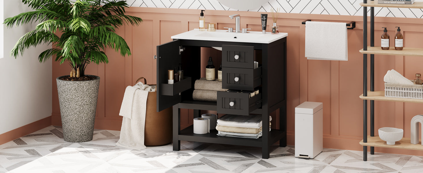 30Inch Transitional Style Bathroom Vanity Cabinet Combo With Ceramic Sink,Soft Close Door Black Bathroom Solid Wood Mdf