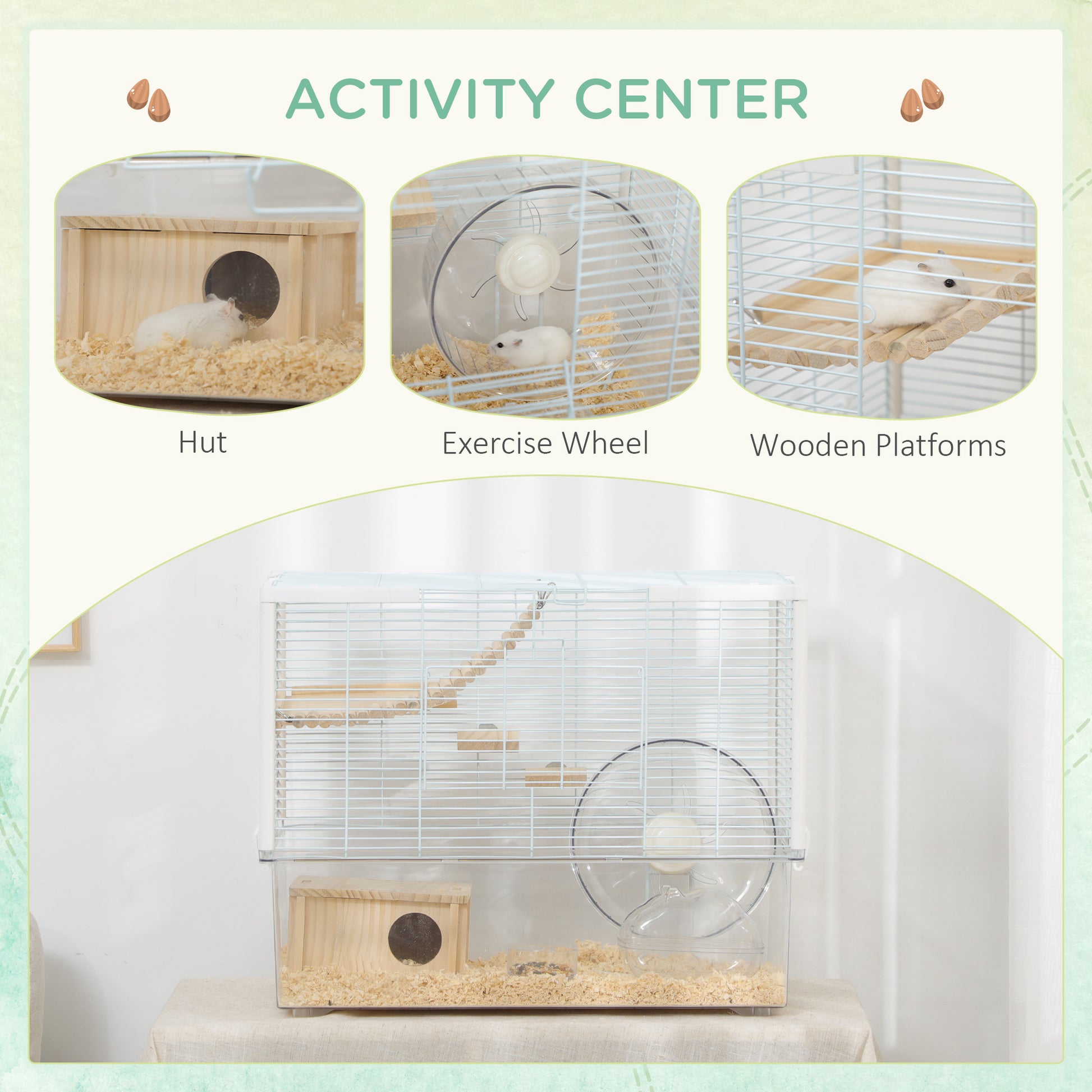 Pawhut Hamster Cage, Transparent Gerbil Cage For Hamsters And Gerbils With Deep Bottom, Wooden Ramp, Hut, Bathroom And Exercise Wheel, 23.25" X 14" X 18.5", White White Steel