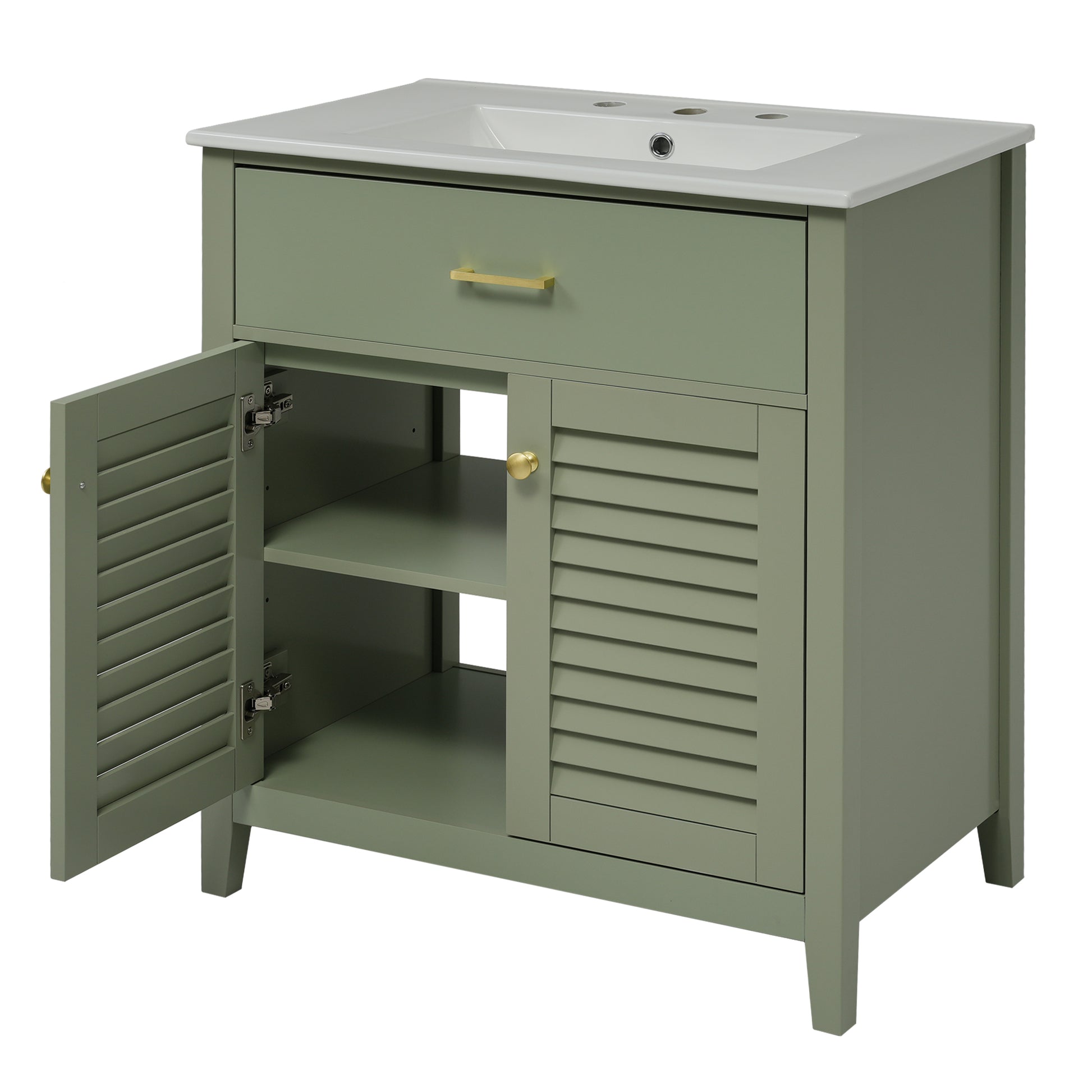 30 Inch Bathroom Vanity With Ceramic Sink Combination, Large Storage Features 1 Pullout And Multifunctional Shelf Dividers Green Bathroom Solid Wood Mdf