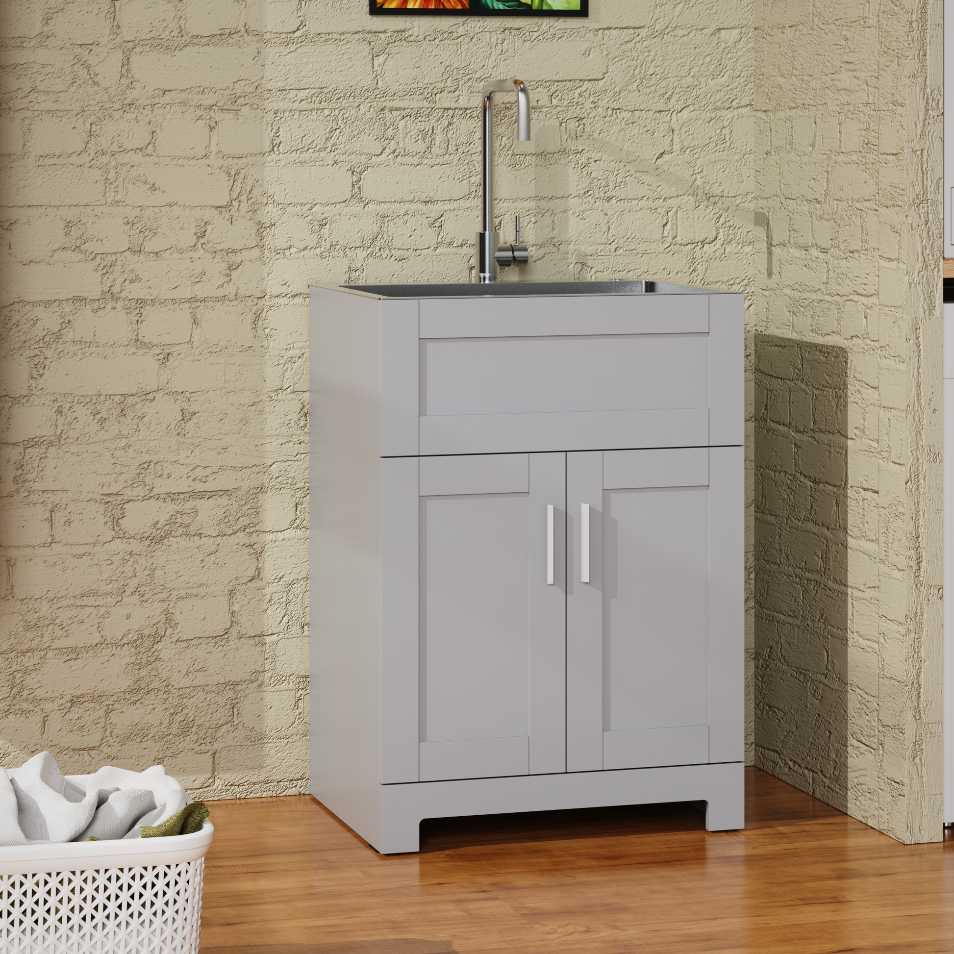 24" Bathroom Sink Vanity Laundry Utility Cabinet W Stainless Steel Sink Combo, Gray Gray 2 Soft Close Doors Bathroom Freestanding Mdf