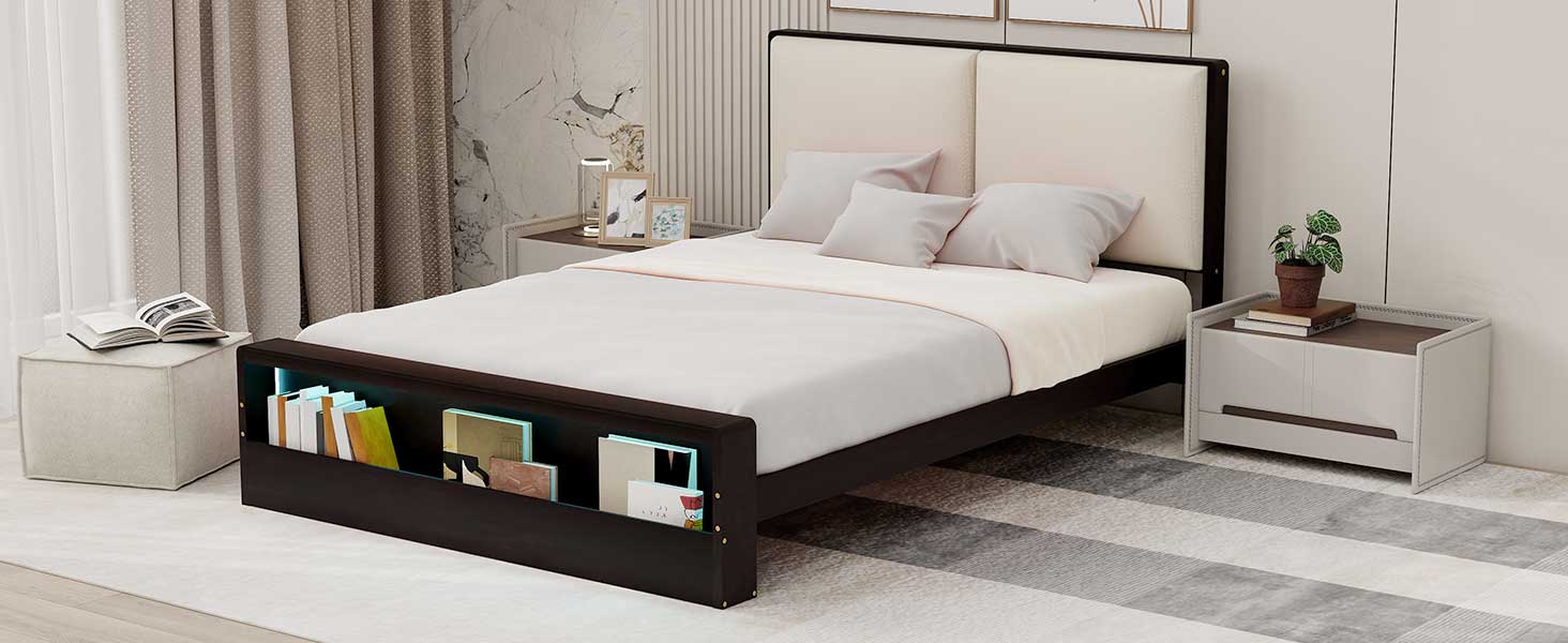 Queen Size Platform Bed Frame With Upholstery Headboard And Bookshelf In Footboard And Led Light Strips, Espresso Queen Espresso Solid Wood Mdf