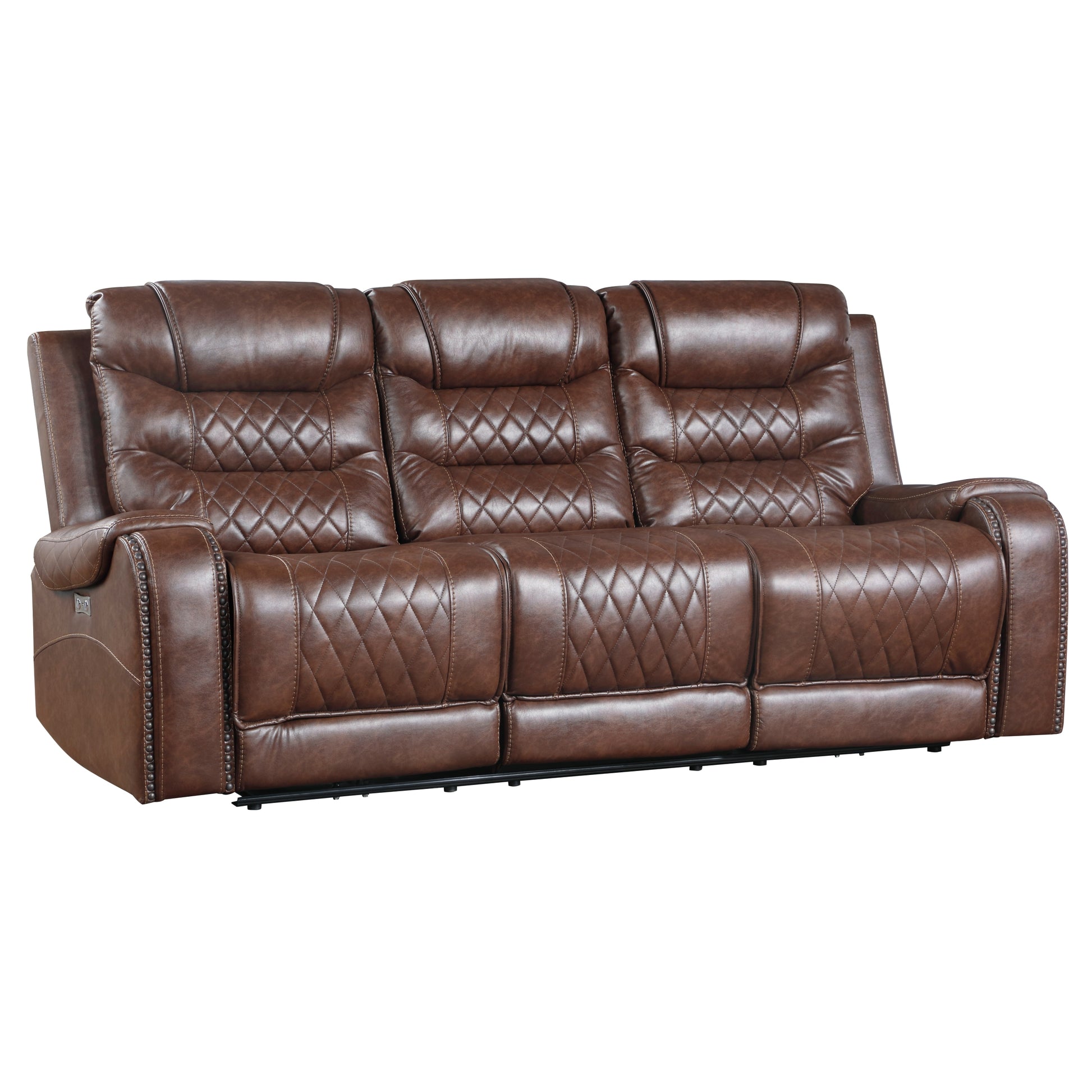 Luxurious Living Room Furniture 2Pc Power Reclining Sofa Set Brownfaux Leather Upholstery Center Drop Down Cup Holders, Power Outlets, Usb Ports, Diamond Pattern Stitching Brown Faux Leather Wood Primary Living Space Luxury,Modern Solid Wood 5 Seat