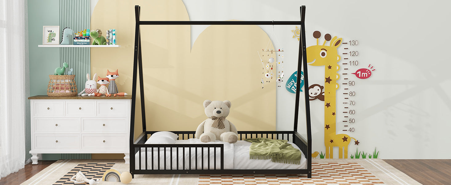 Metal Full Size House Platform Bed With Triangle Structure And Guardrail, Black Box Spring Not Required Full Black Metal Metal