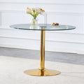 A 42 Inch Diameter Glass Top And A Modern, Minimalist Round Dining Table With Gold Metal Legs. Ideal For Dining Rooms, Living Rooms And Meeting Rooms. Model: Dt 1166 Gold Glass Metal