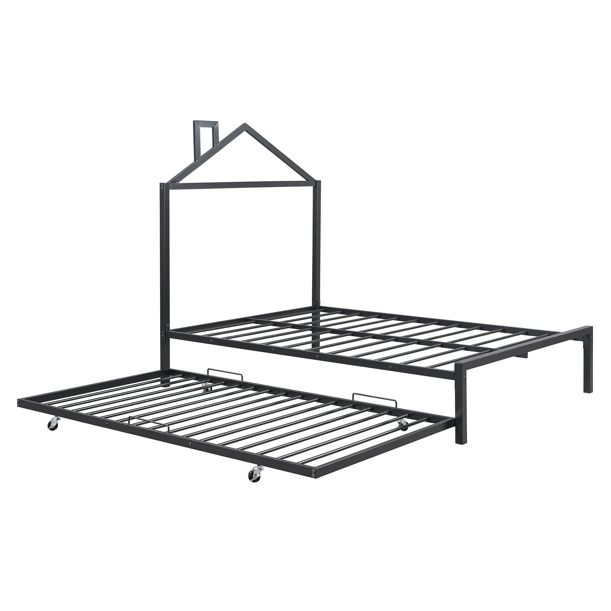 Full Size Metal Platform Bed With Twin Size Trundle,House Shaped Headboard Design, Black Full Black Metal