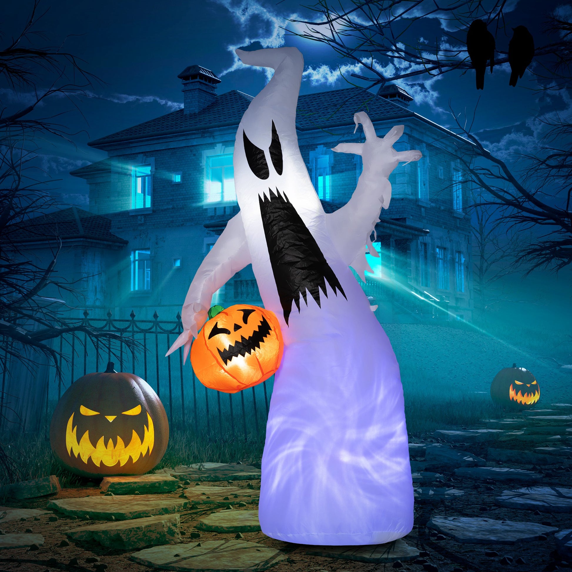 Homcom 5.9' Halloween Inflatable Outdoor Decoration Ghost With Pumpkin, Blow Up Led Yard Decor For Garden, Lawn, Party, Holiday, Waterproof, Purple White Polyester