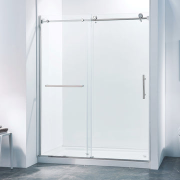 56 60"W X 75"H Semi Frame Single Sliding Shower Door, 304 Stainless Steel In Chrome, 5 16" 8Mm Thick Sgcc Tempered Clear Glass. Chrome Bathroom Classic,Luxury,Modern Glass Stainless Steel