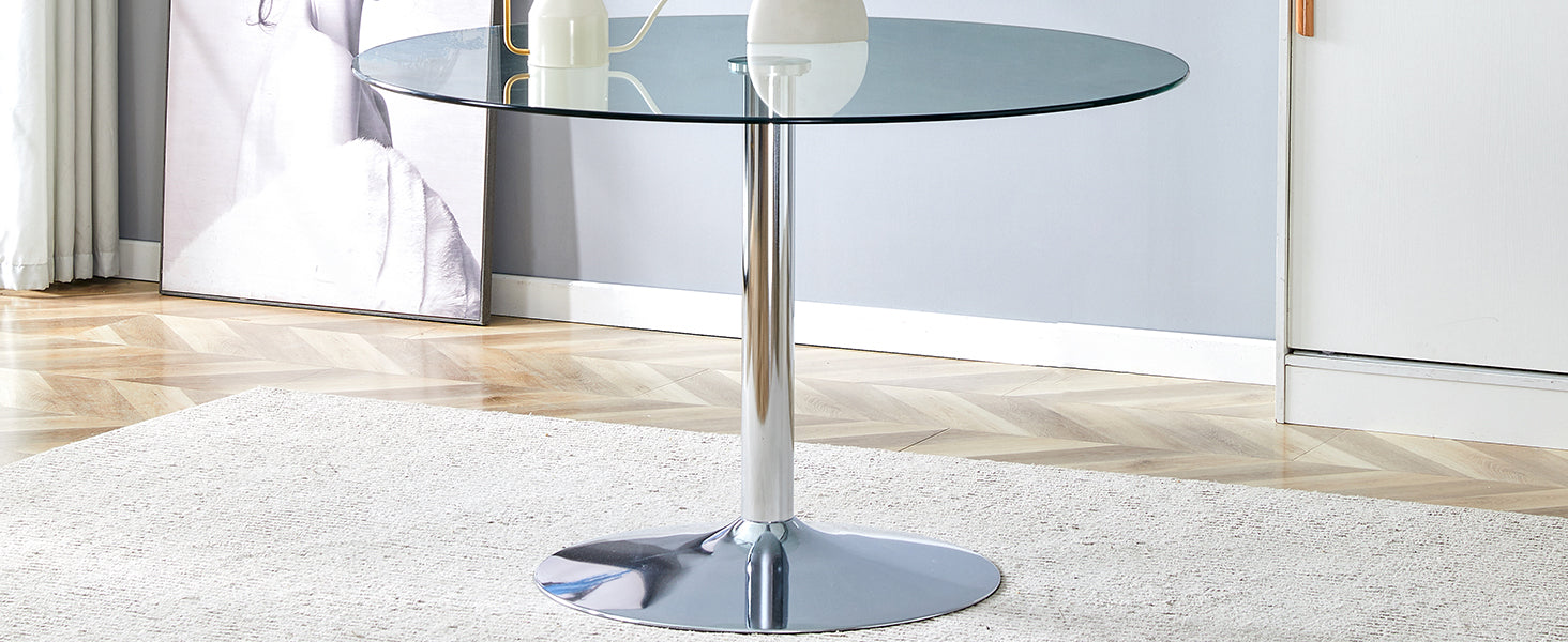 A Glass Tabletop With A Diameter Of 47 Inches And A Modern Minimalist Circular Dining Table With Electroplated Silver Metal Legs. Suitable For Restaurants, Living Rooms, And Conference Rooms.Dt 1166