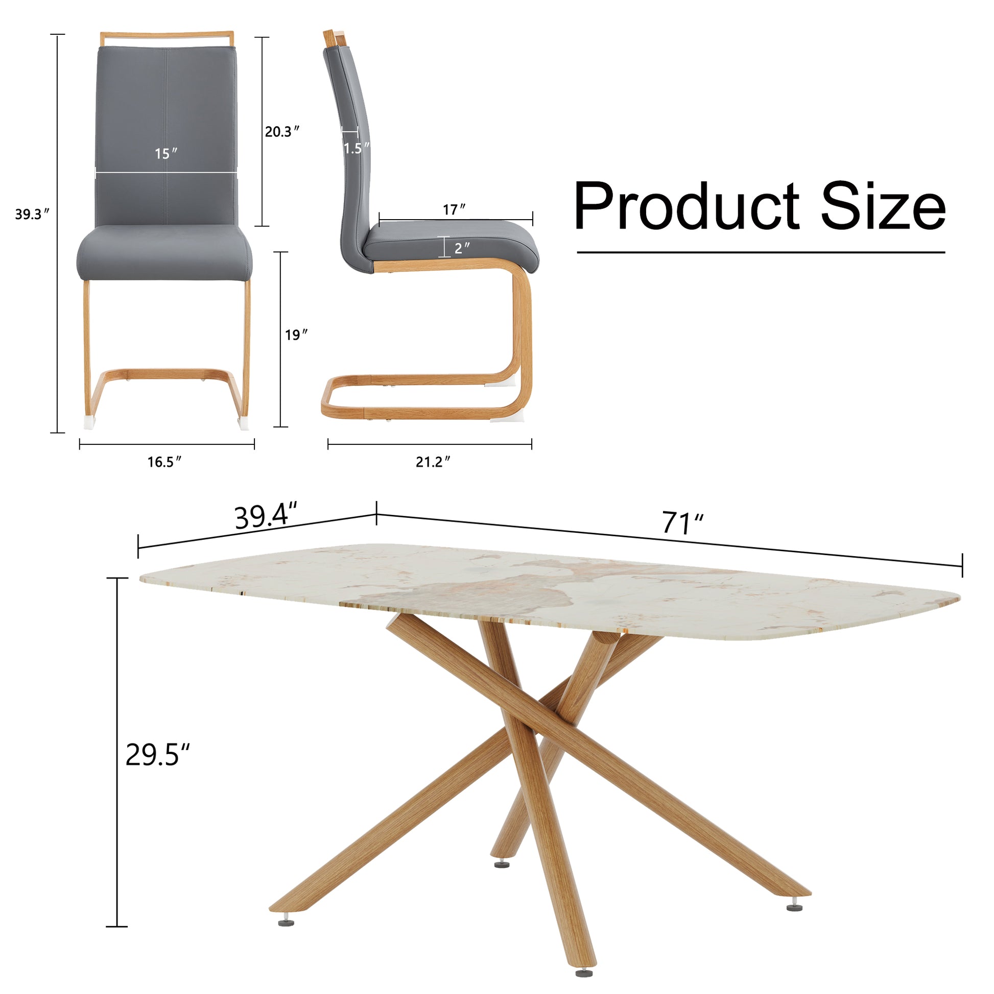 Table And Chair Set, Large Modern Minimalist Rectangular Dining Table, 0.39 Inch Imitation Marble Countertop, Wood Metal Table Legs, Comfortable And Soft Seats. Wood Glass Metal