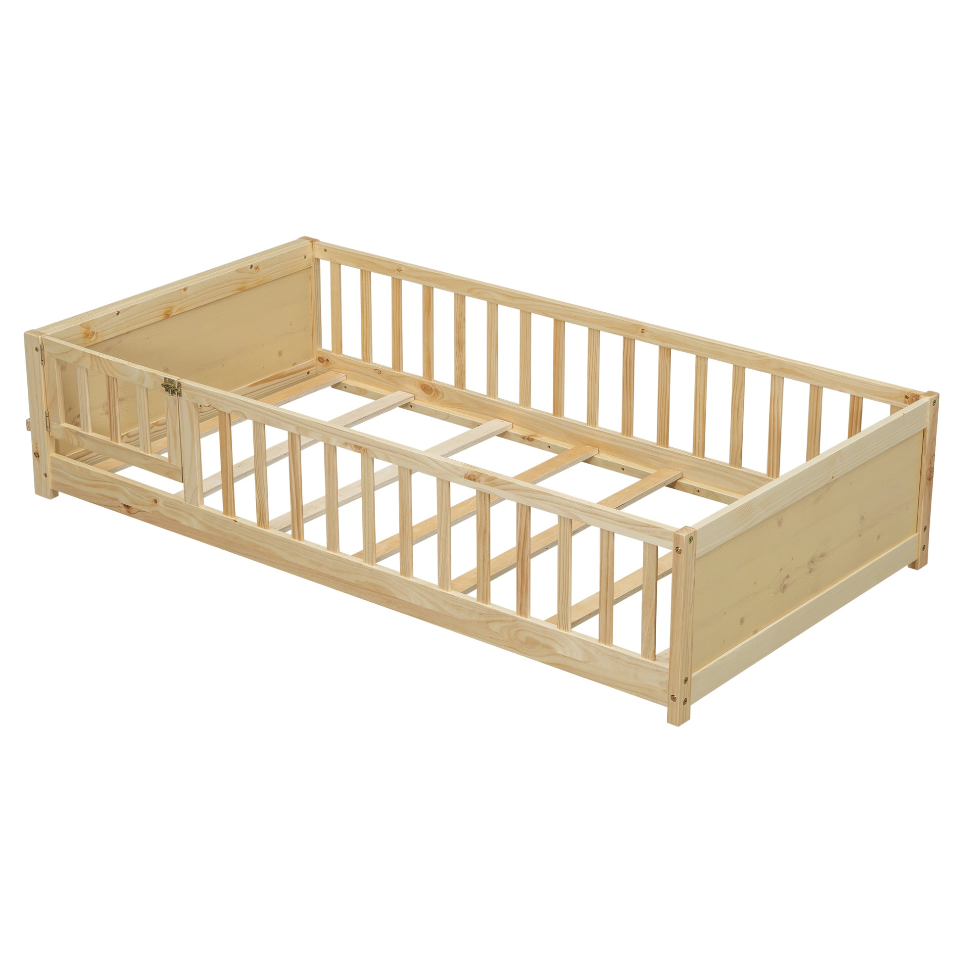 Twin Size Floor Platform Bed With Built In Book Storage Rack, Door,Natural Twin Natural American Design Pine