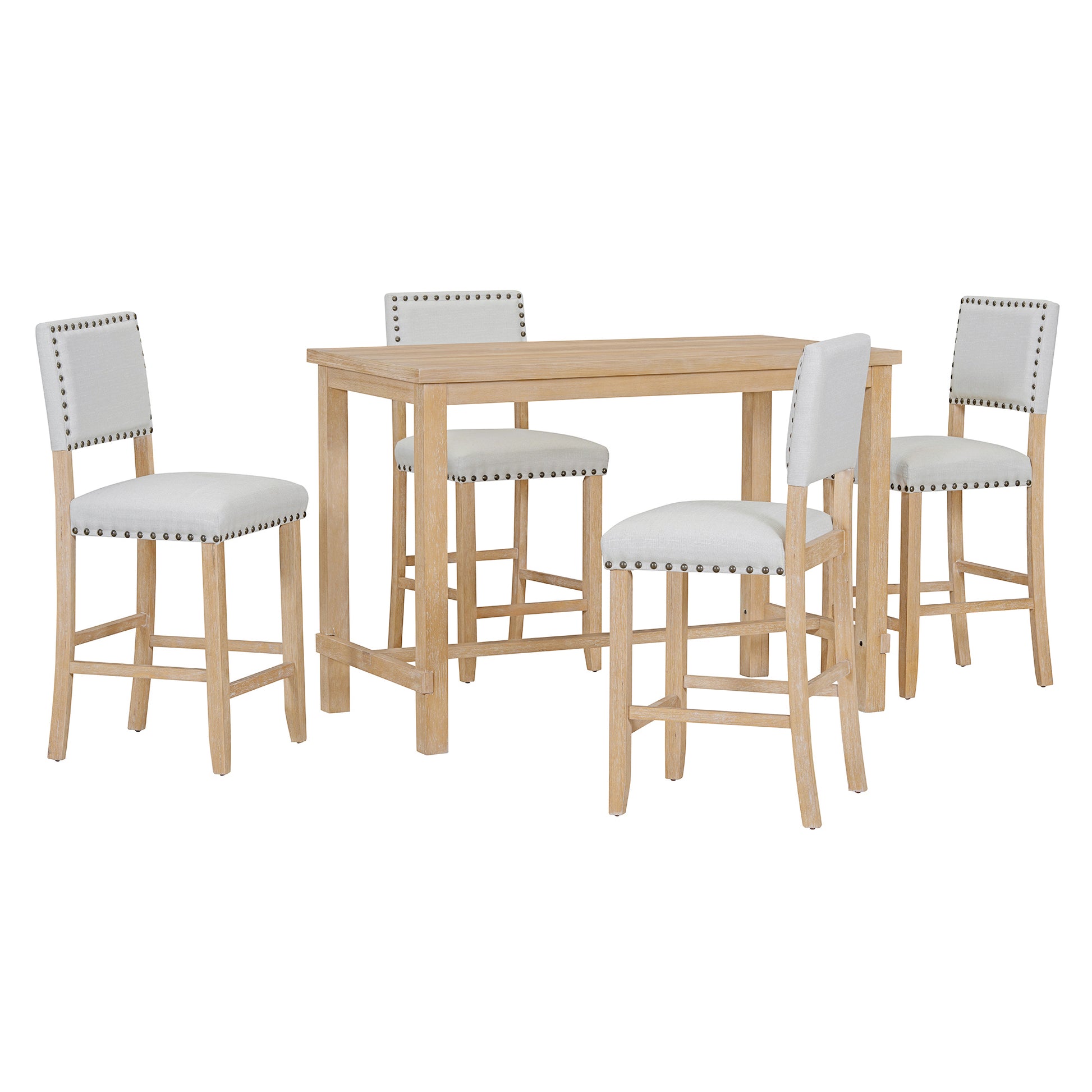 5 Piece Counter Height Dining Set, Classic Elegant Table And 4 Chairs In Natural Wood Wash Natural Wood Wash Solid Wood