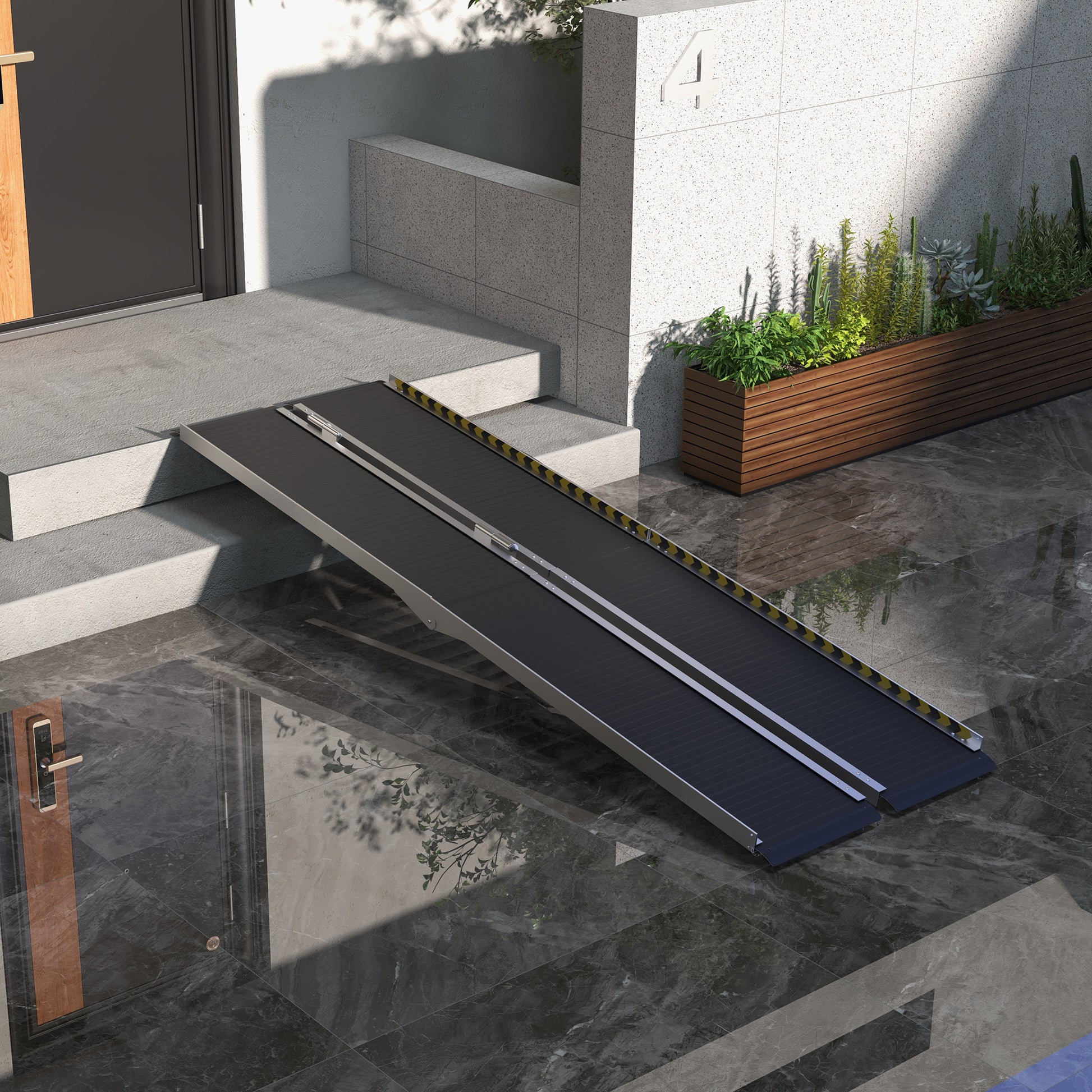 Homcom Wheelchair Ramp, 8Ft Foldable Threshold Ramp, Aluminum Handicap Ramp With Non Slip Surface, Transition Plates Above And Below For Home, Doorways, Steps, 600Lbs Capacity Black Aluminum