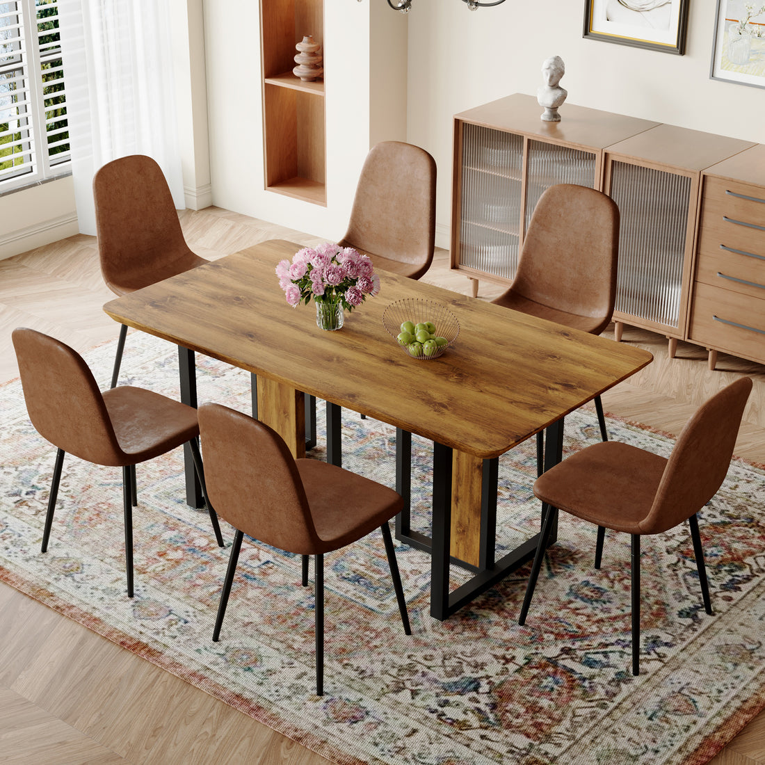 Table And Chair Set.67"X36" Wood Textured Mdf Dining Table Set With 6 Brown Suede Chairs.Mdf Sticker,Wood Colored Texture Sticker,Brown Armless Dining Chair,Suitable For Kitchen,Dining Room,Etc.