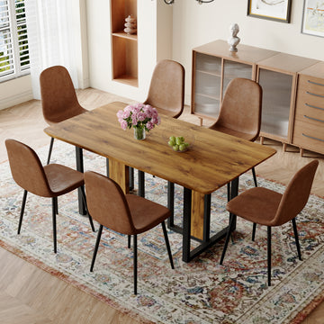 Table And Chair Set.67"X36" Wood Textured Mdf Dining Table Set With 6 Brown Suede Chairs.Mdf Sticker,Wood Colored Texture Sticker,Brown Armless Dining Chair,Suitable For Kitchen,Dining Room,Etc.