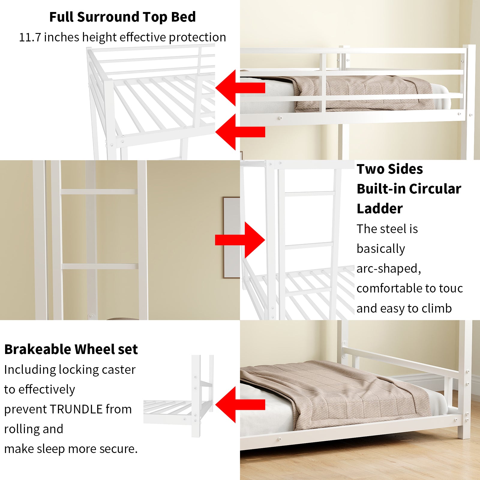 Metal Twin Over Twin Bunk Bed Heavy Duty Sturdy Metal Noise Reduced Safety Guardrail No Box Spring Needed,White Twin White Metal Metal