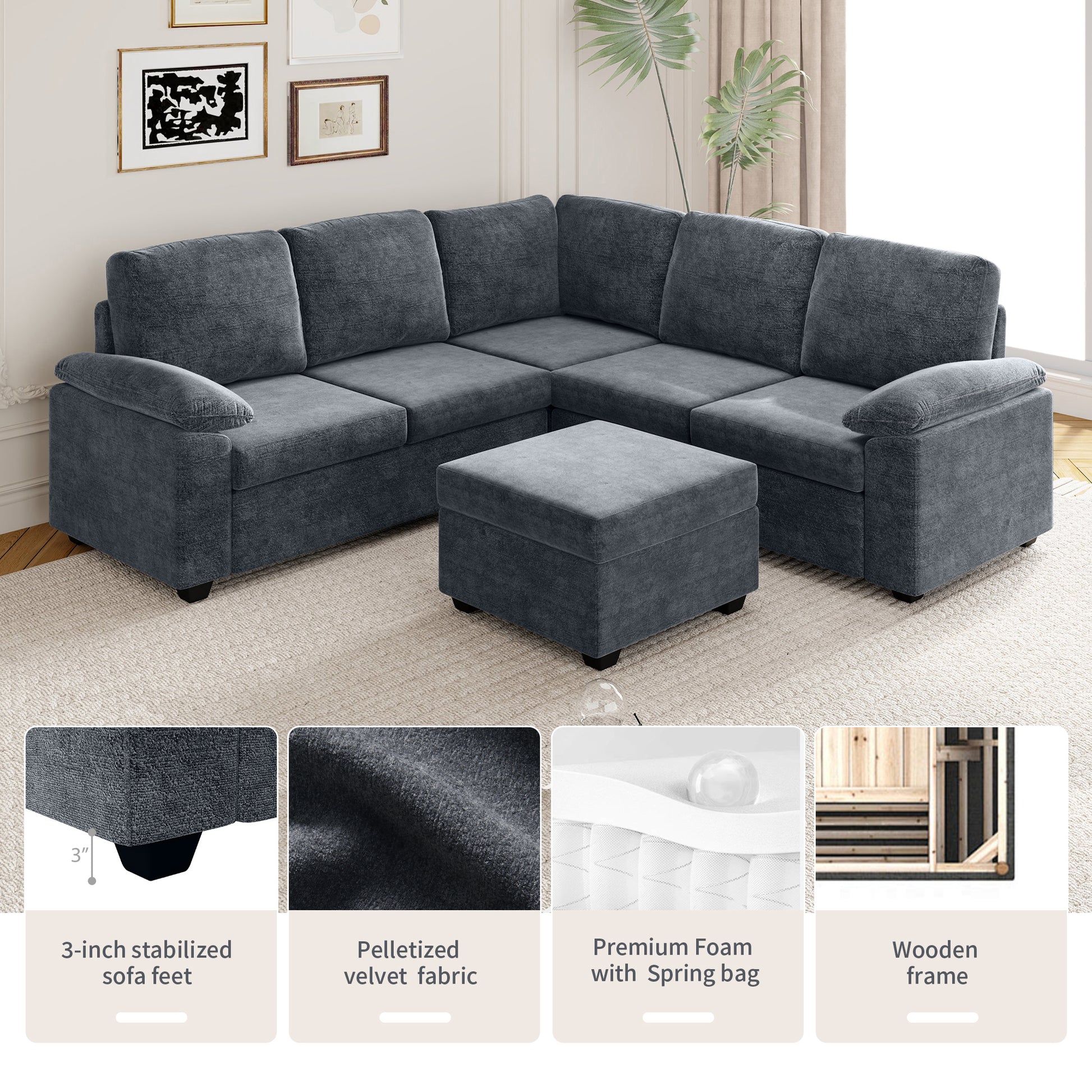 84*84" Modern Velvet Sectional Sofa Set,Large U Shaped Upholstered Corner Couch With Ottoman,Armrest Pillow,6 Seat Indoor Furniture For Living Room,Apartment,Office,2 Colors Gray Velvet 6 Seat