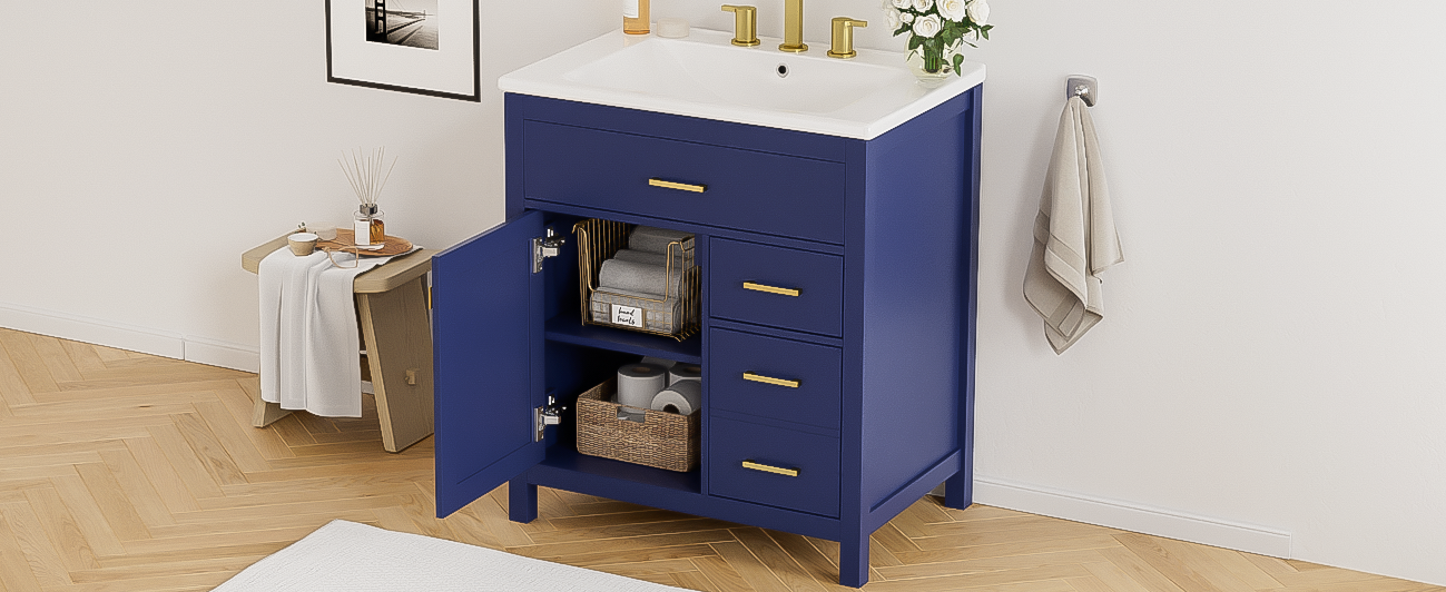 30 Inch Blue Bathroom Vanity With Ceramic Sink And Large Storage Ideal Choice For Small Bathrooms Blue Bathroom Solid Wood Mdf