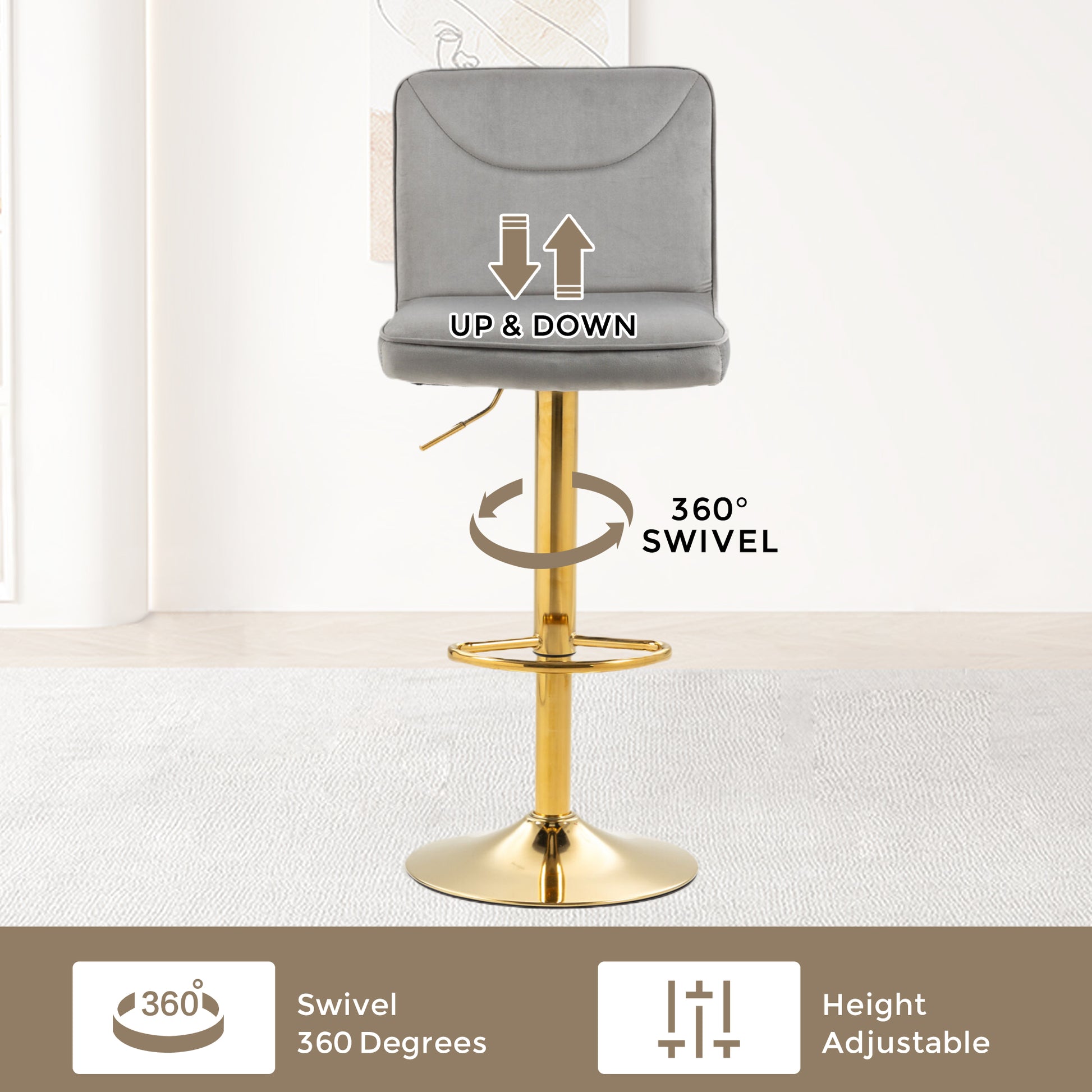 Coolmore Bar Stools With Back And Footrest Counter Height Dining Chairs 2Pc Set,360 Velvet Swivel Bar Stools Set Of 2, Adjustable Counter Height Bar Chairs Gray Velvet Gray Primary Living Space Foam Velvet