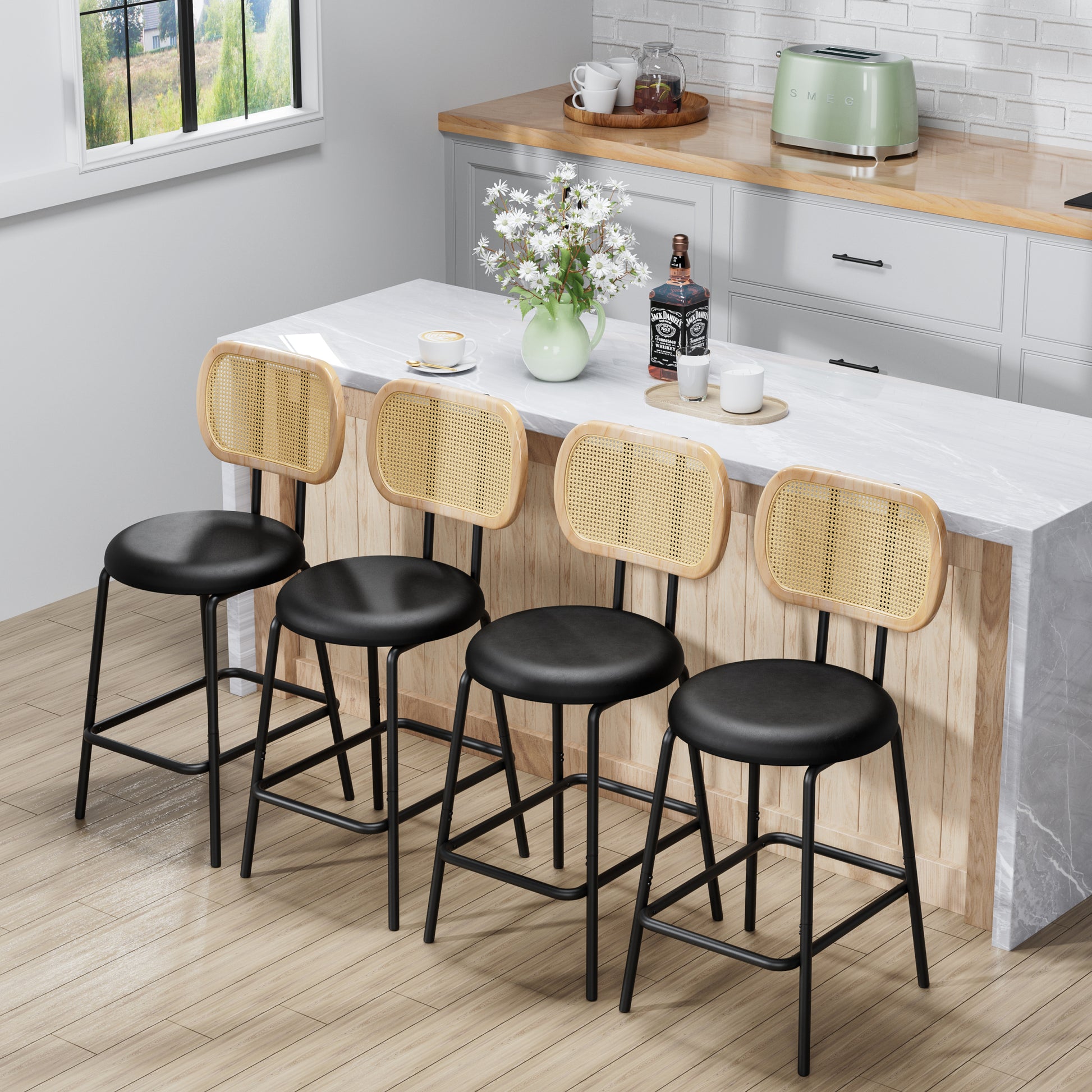 Rattan Bar Stool, Indoor Leather Bar Stools Set