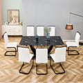 Table And Chair Set, Modern Dining Table, Patterned Table Top And Black Mdf Table Legs, Soft And Comfortable Dining Chair, Perfect For Dinner, Meetings, Home And Office Decor White Black Mdf Glass
