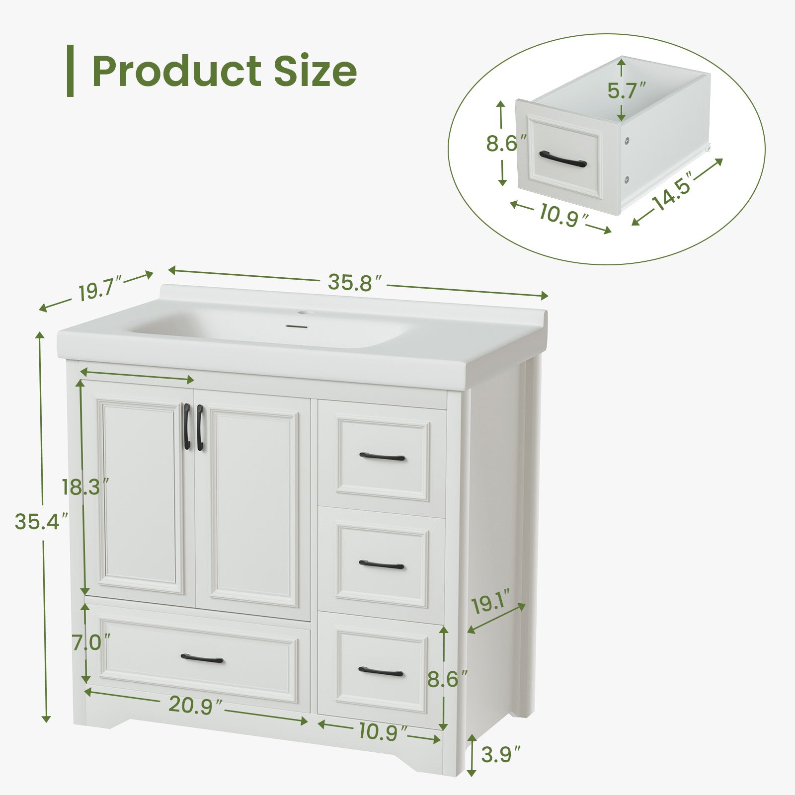 Cabinet Without Basin, 36 Inch Bathroom Cabinet, Bathroom Sink Cabinet With 2 Closing Doors And 4 Drawers. White Color, 35.8''W X 19.7''D X 35.4''H.Cabinet Only White Particle Board Mdf